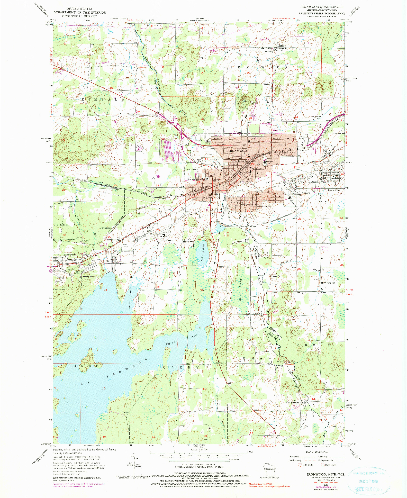 USGS 1:24000-SCALE QUADRANGLE FOR IRONWOOD, MI 1955