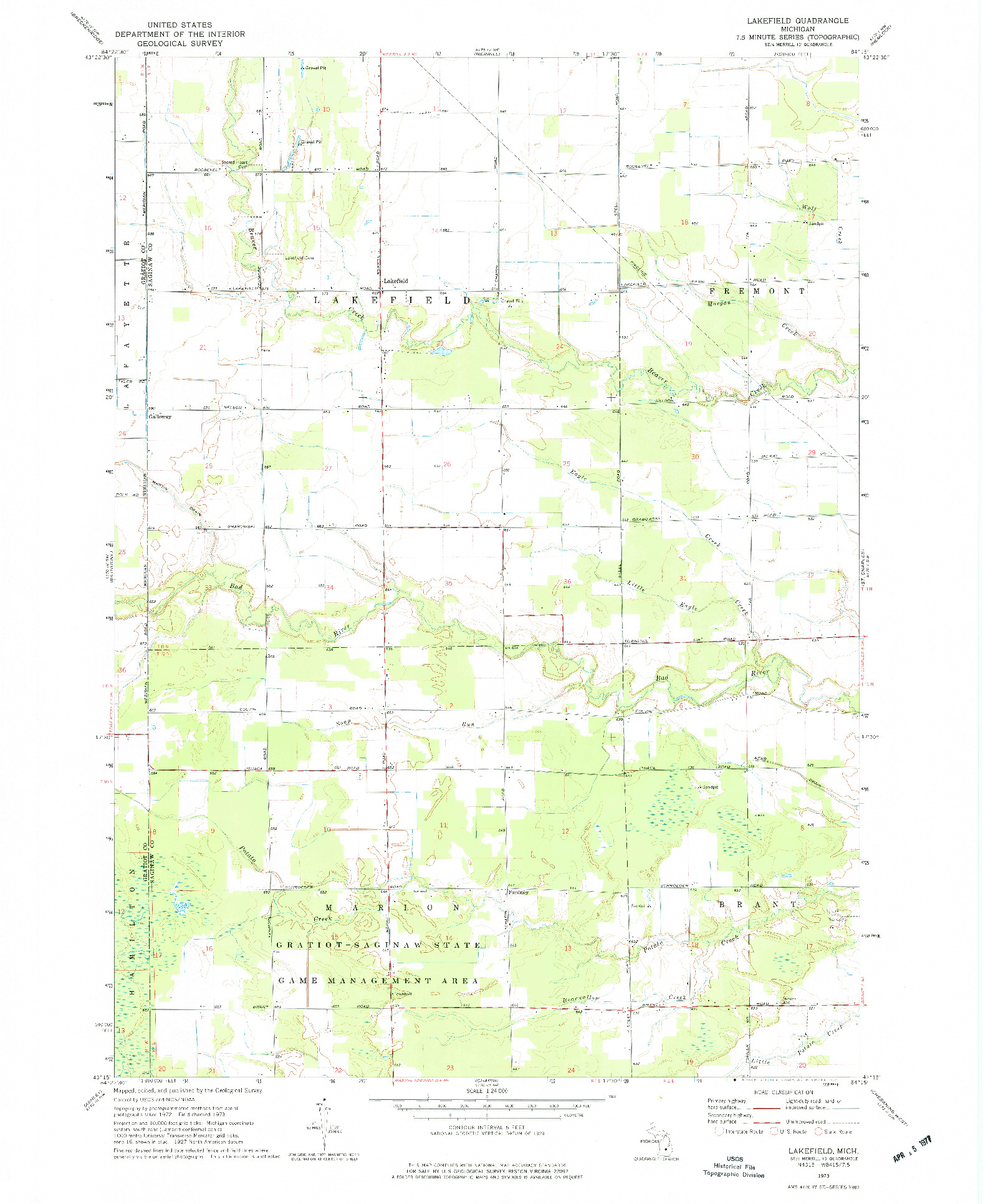 USGS 1:24000-SCALE QUADRANGLE FOR LAKEFIELD, MI 1973