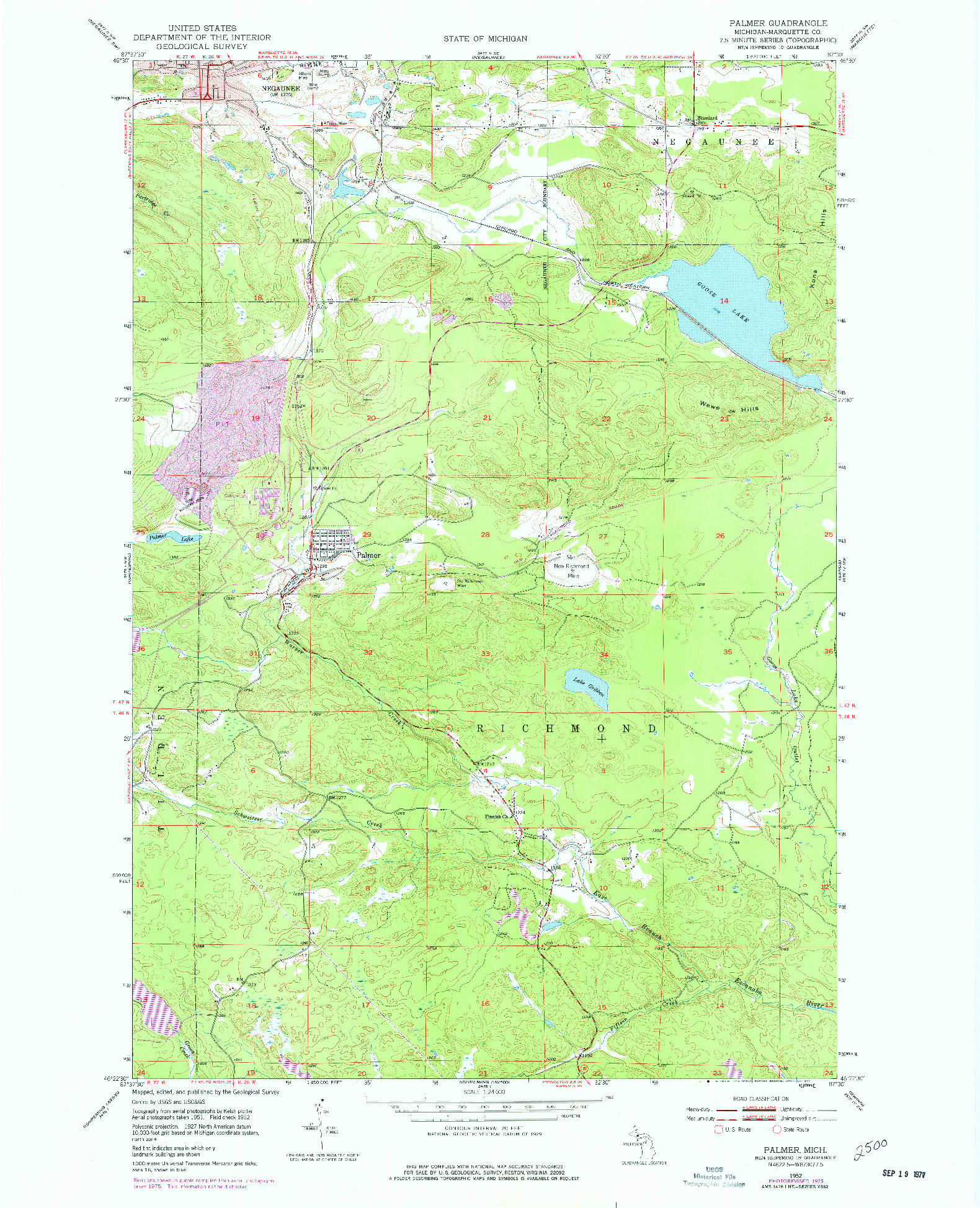 USGS 1:24000-SCALE QUADRANGLE FOR PALMER, MI 1952