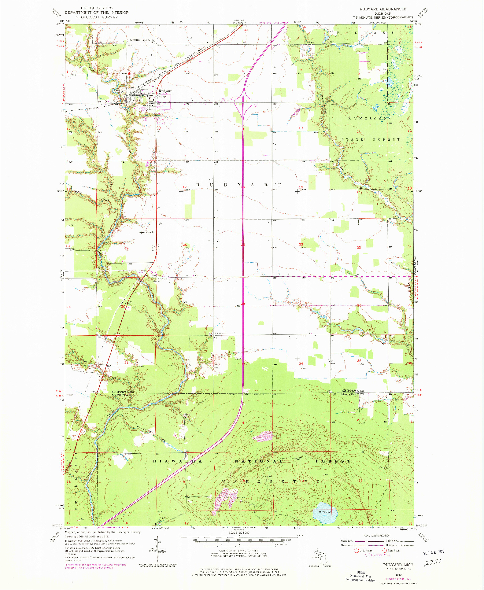 USGS 1:24000-SCALE QUADRANGLE FOR RUDYARD, MI 1953