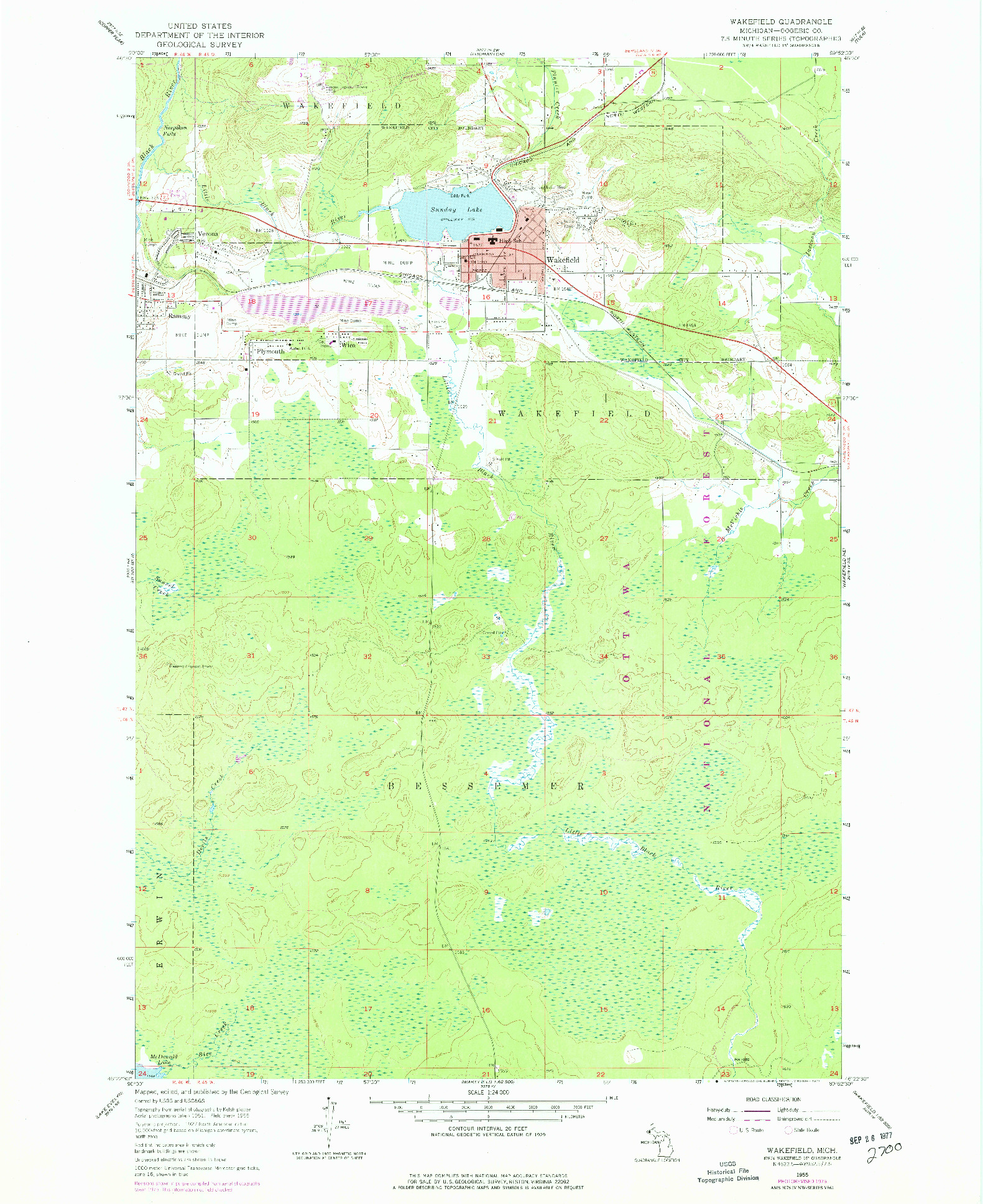 USGS 1:24000-SCALE QUADRANGLE FOR WAKEFIELD, MI 1955