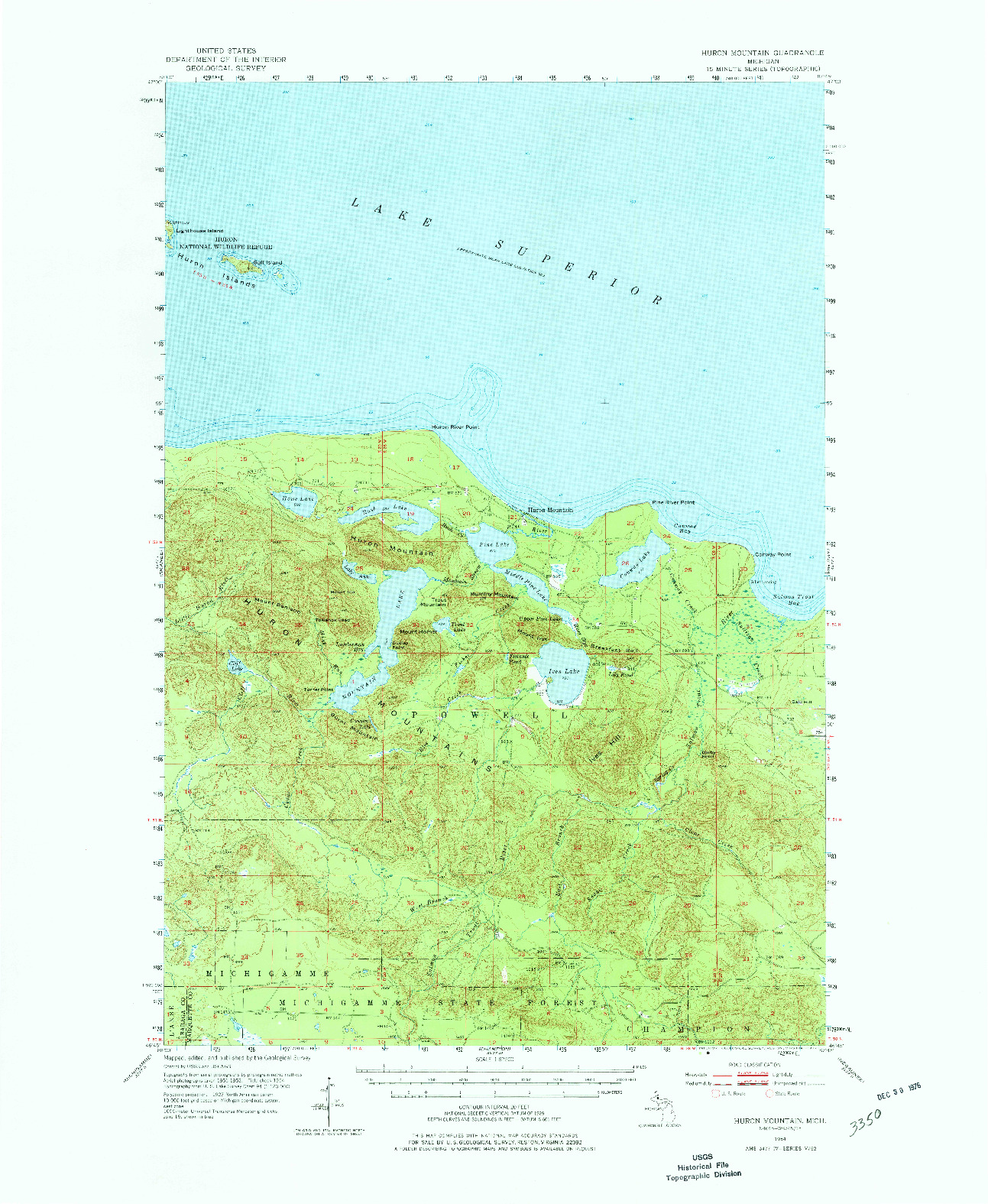 USGS 1:62500-SCALE QUADRANGLE FOR HURON MOUNTAIN, MI 1954