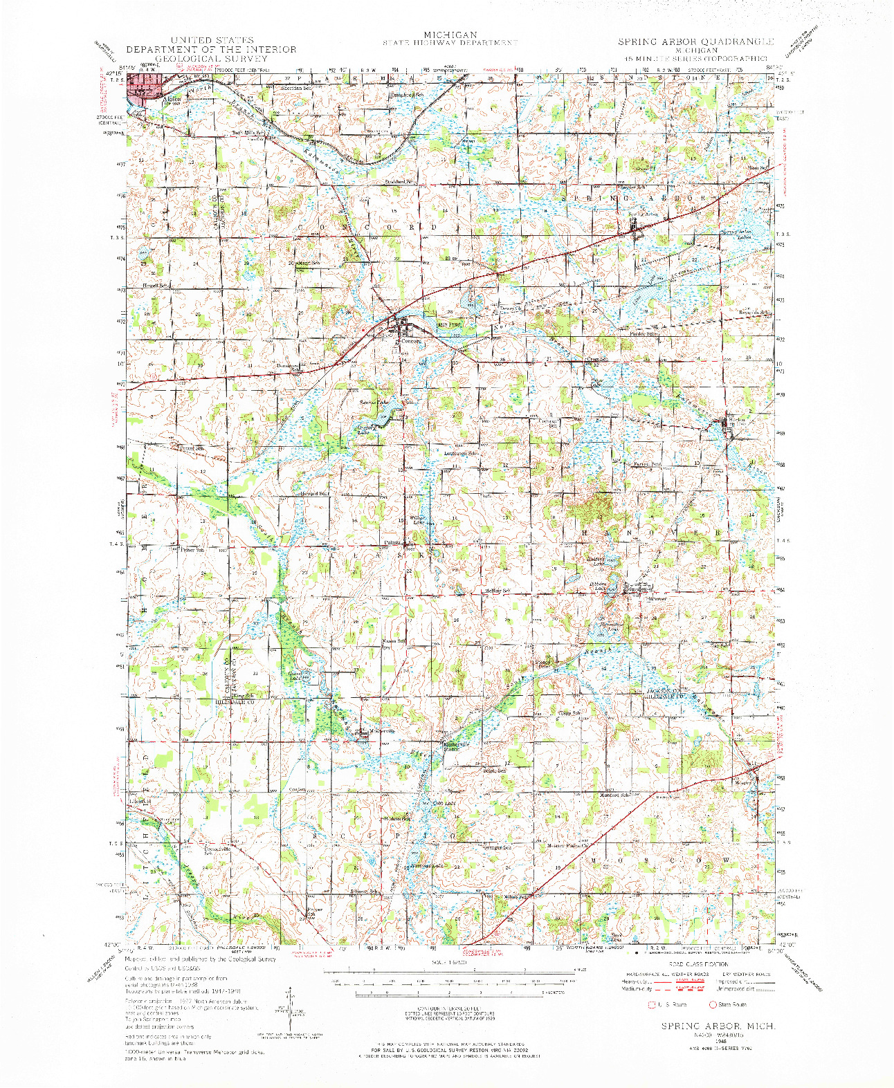 USGS 1:62500-SCALE QUADRANGLE FOR SPRING ARBOR, MI 1948