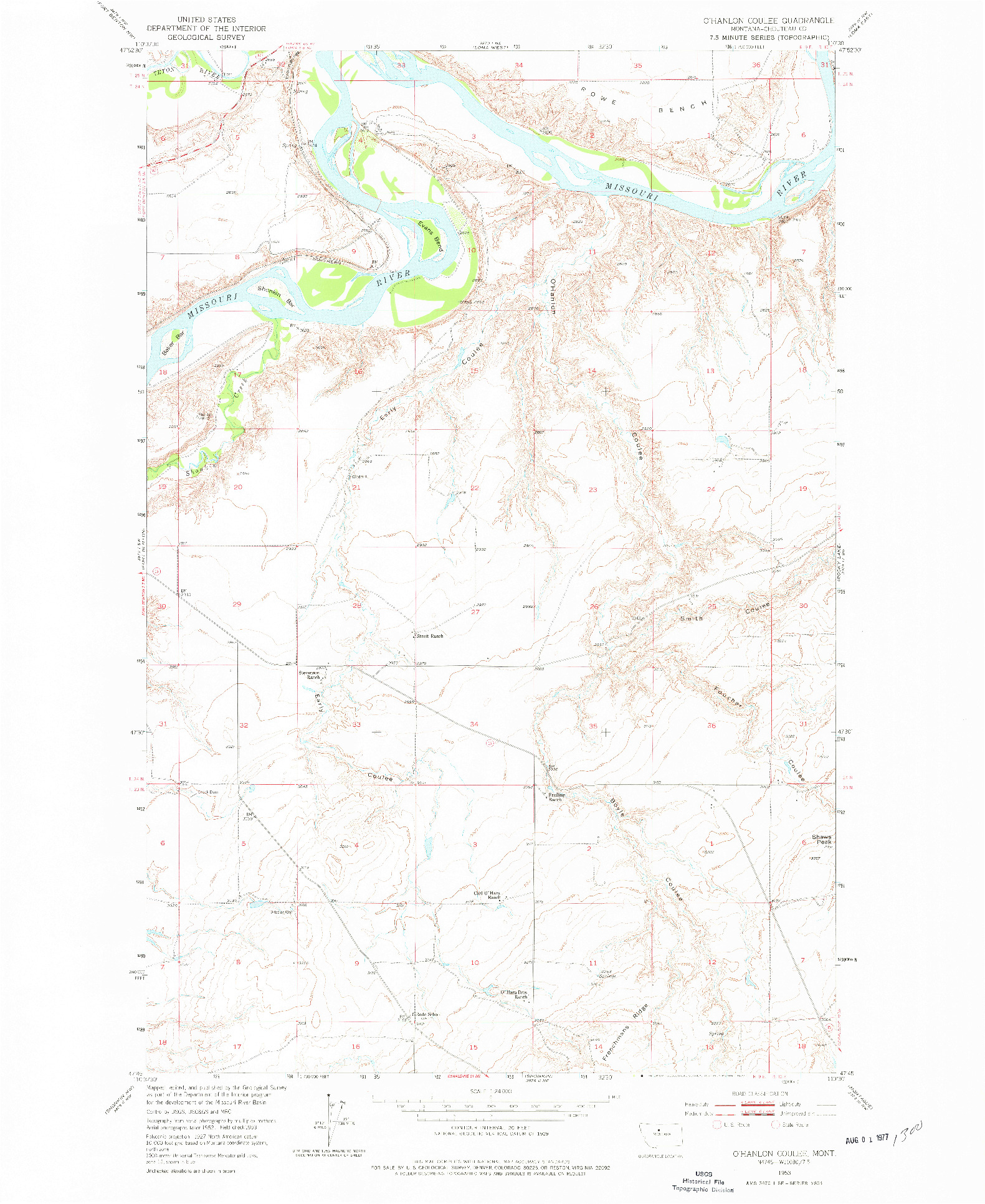 USGS 1:24000-SCALE QUADRANGLE FOR O'HANLON COULEE, MT 1953