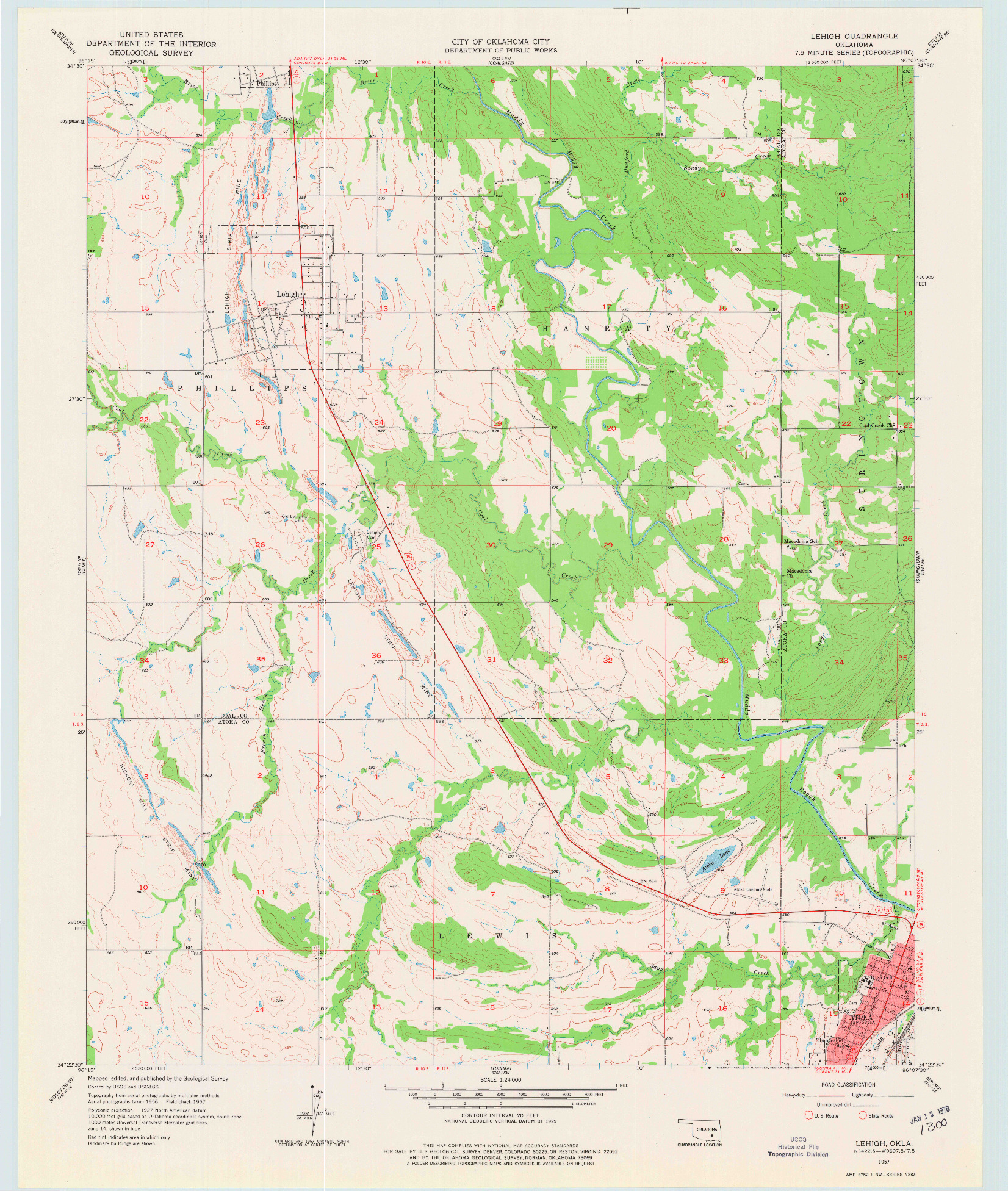 USGS 1:24000-SCALE QUADRANGLE FOR LEHIGH, OK 1957
