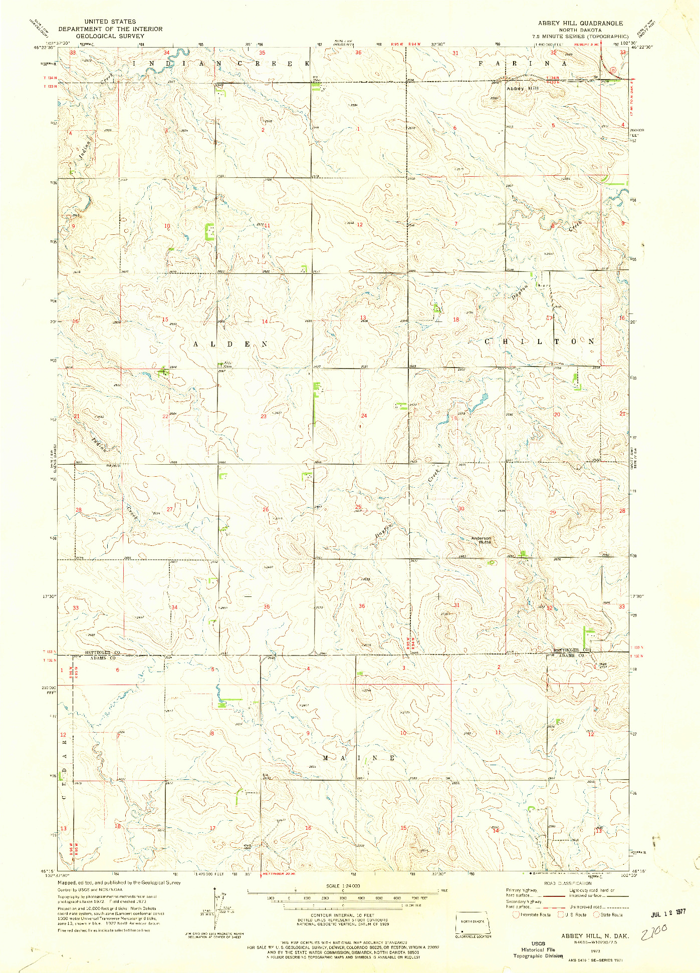 USGS 1:24000-SCALE QUADRANGLE FOR ABBEY HILL, ND 1973