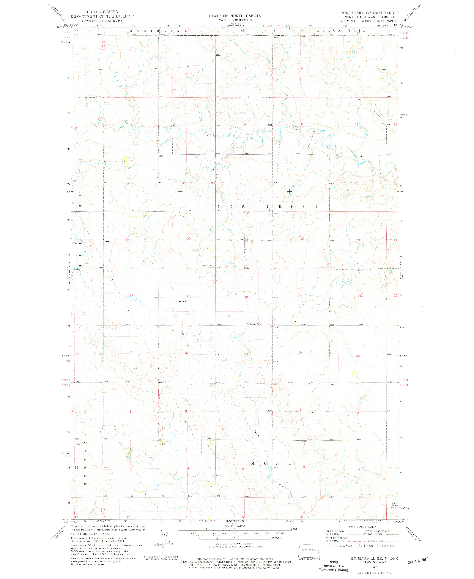 USGS 1:24000-SCALE QUADRANGLE FOR BONETRAILL SE, ND 1974