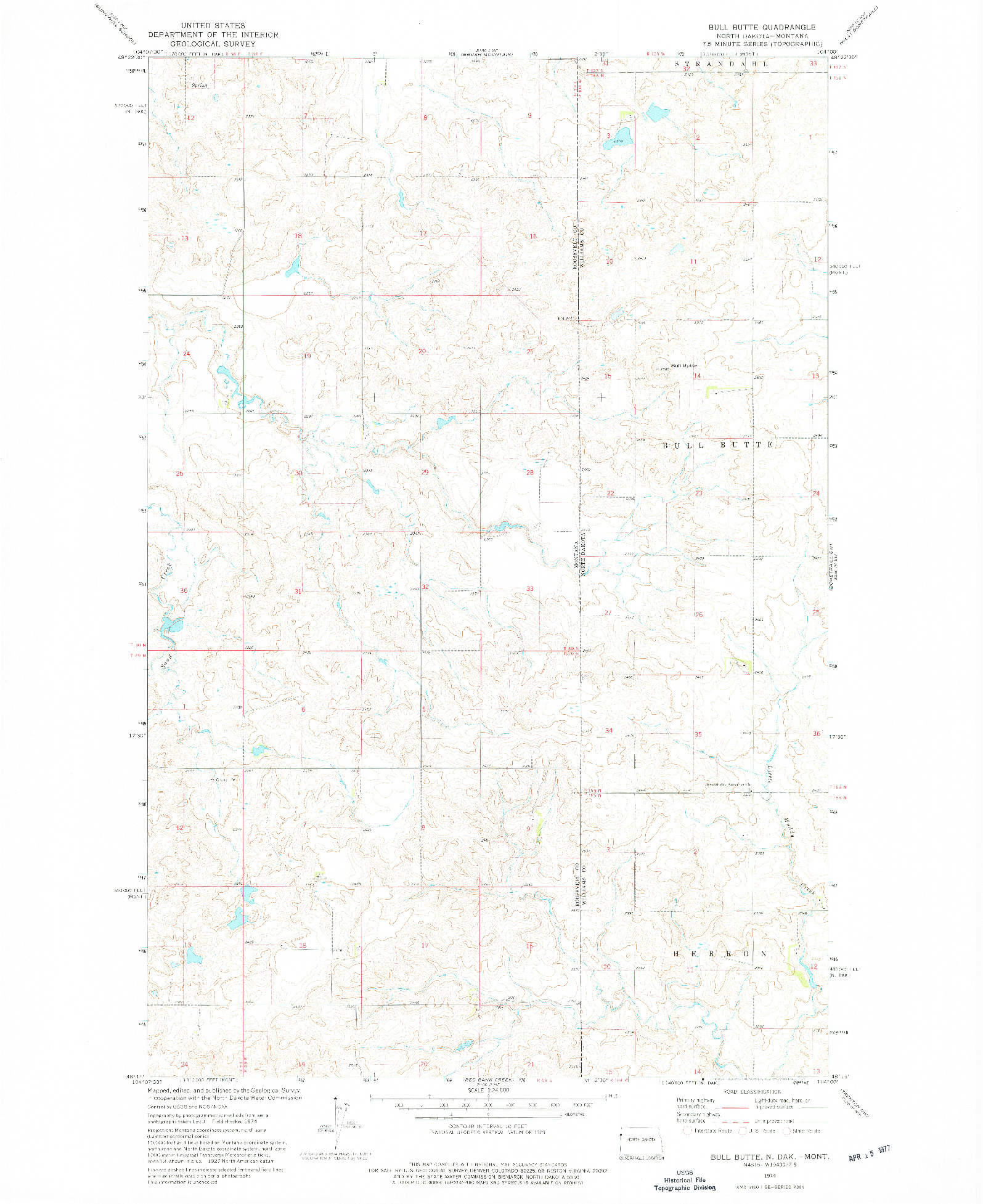 USGS 1:24000-SCALE QUADRANGLE FOR BULL BUTTE, ND 1974