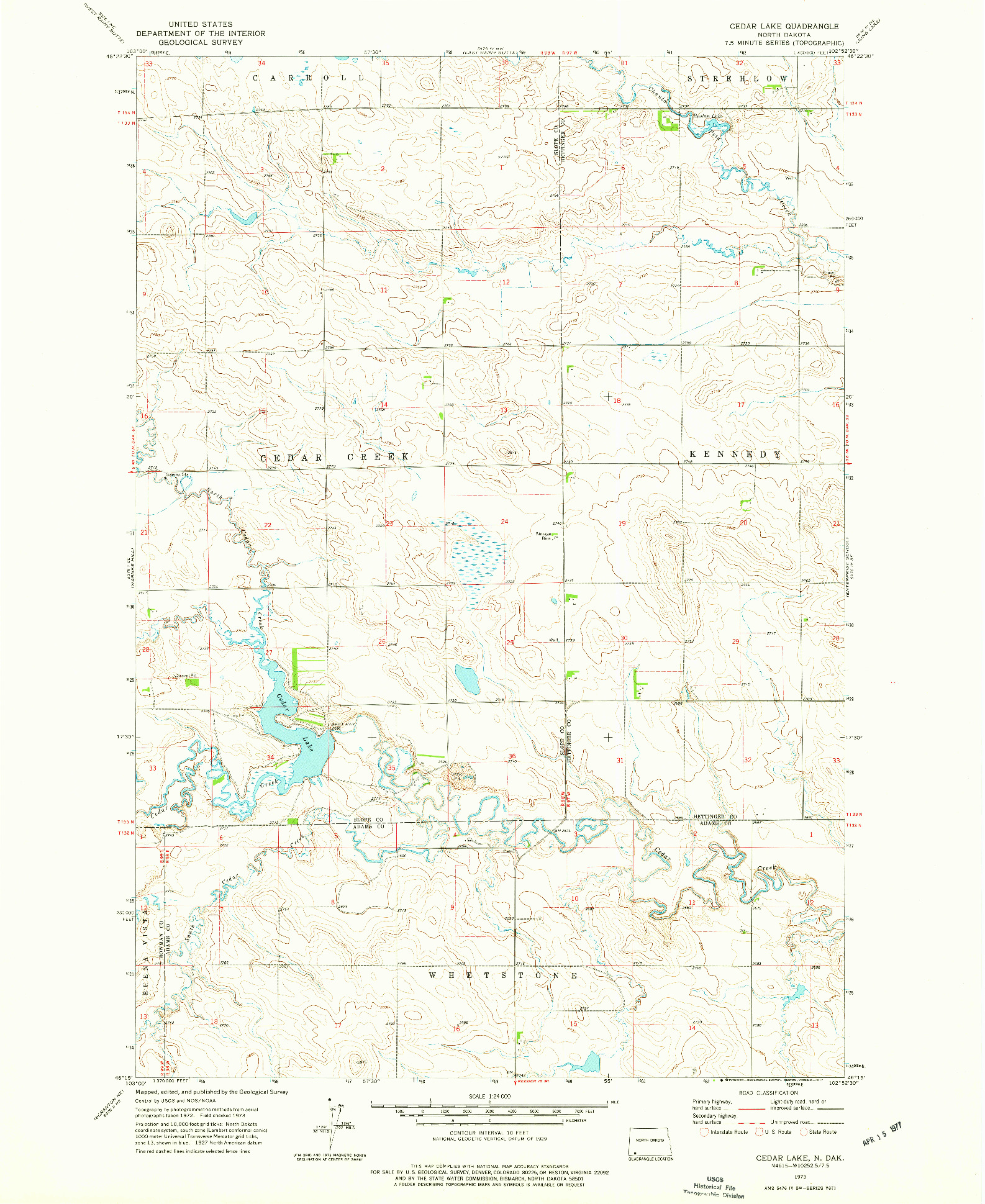 USGS 1:24000-SCALE QUADRANGLE FOR CEDAR LAKE, ND 1973