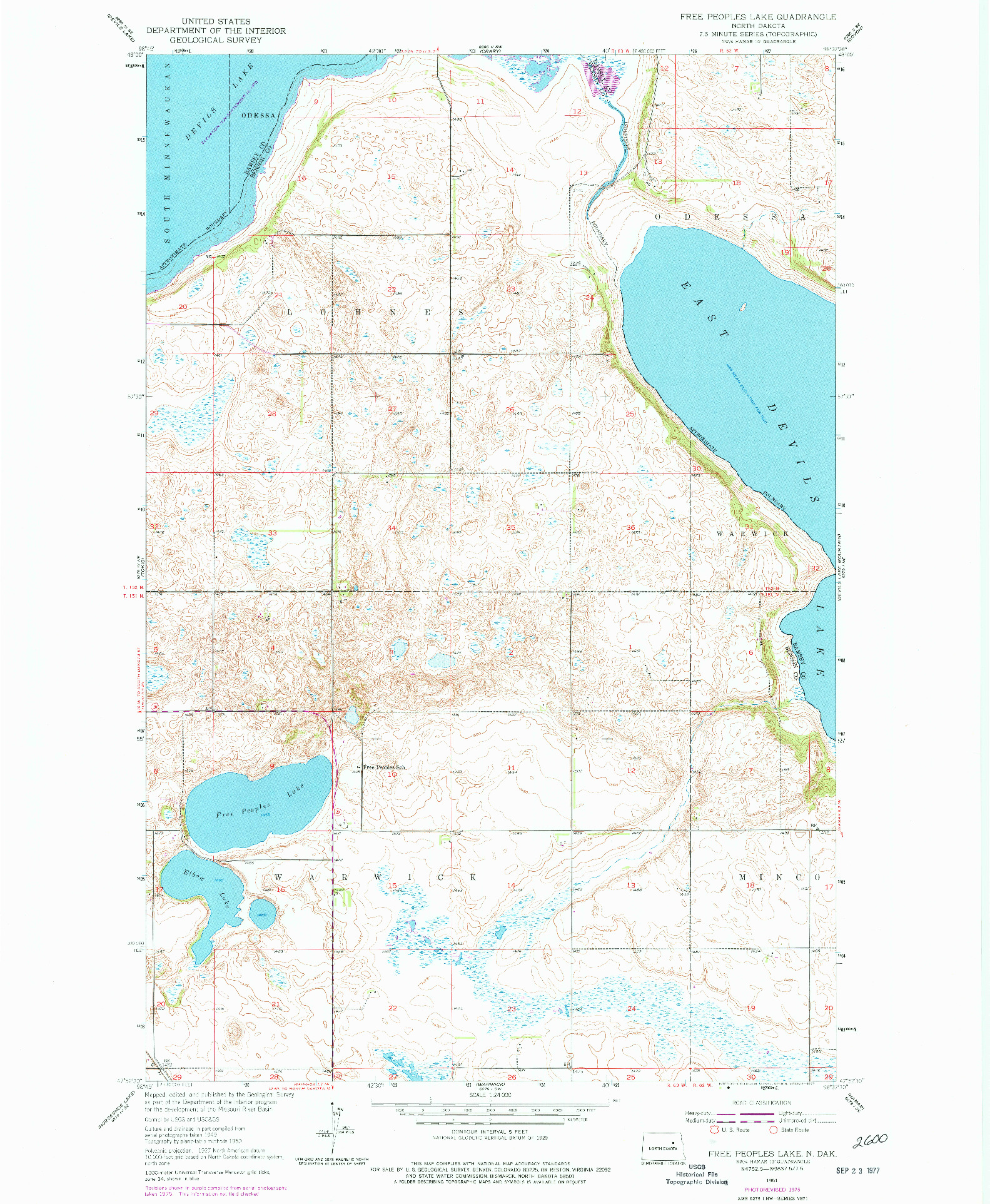 USGS 1:24000-SCALE QUADRANGLE FOR FREE PEOPLES LAKE, ND 1951