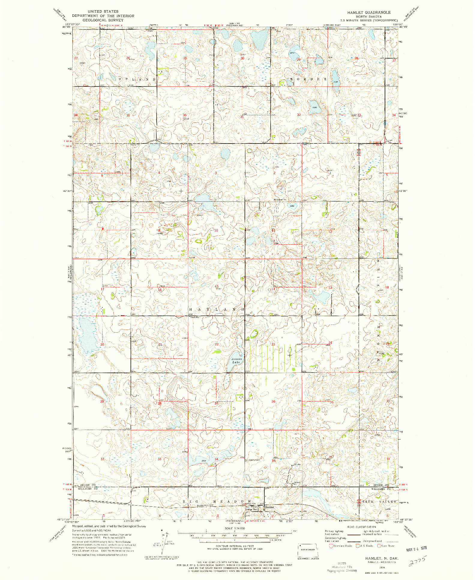 USGS 1:24000-SCALE QUADRANGLE FOR HAMLET, ND 1974