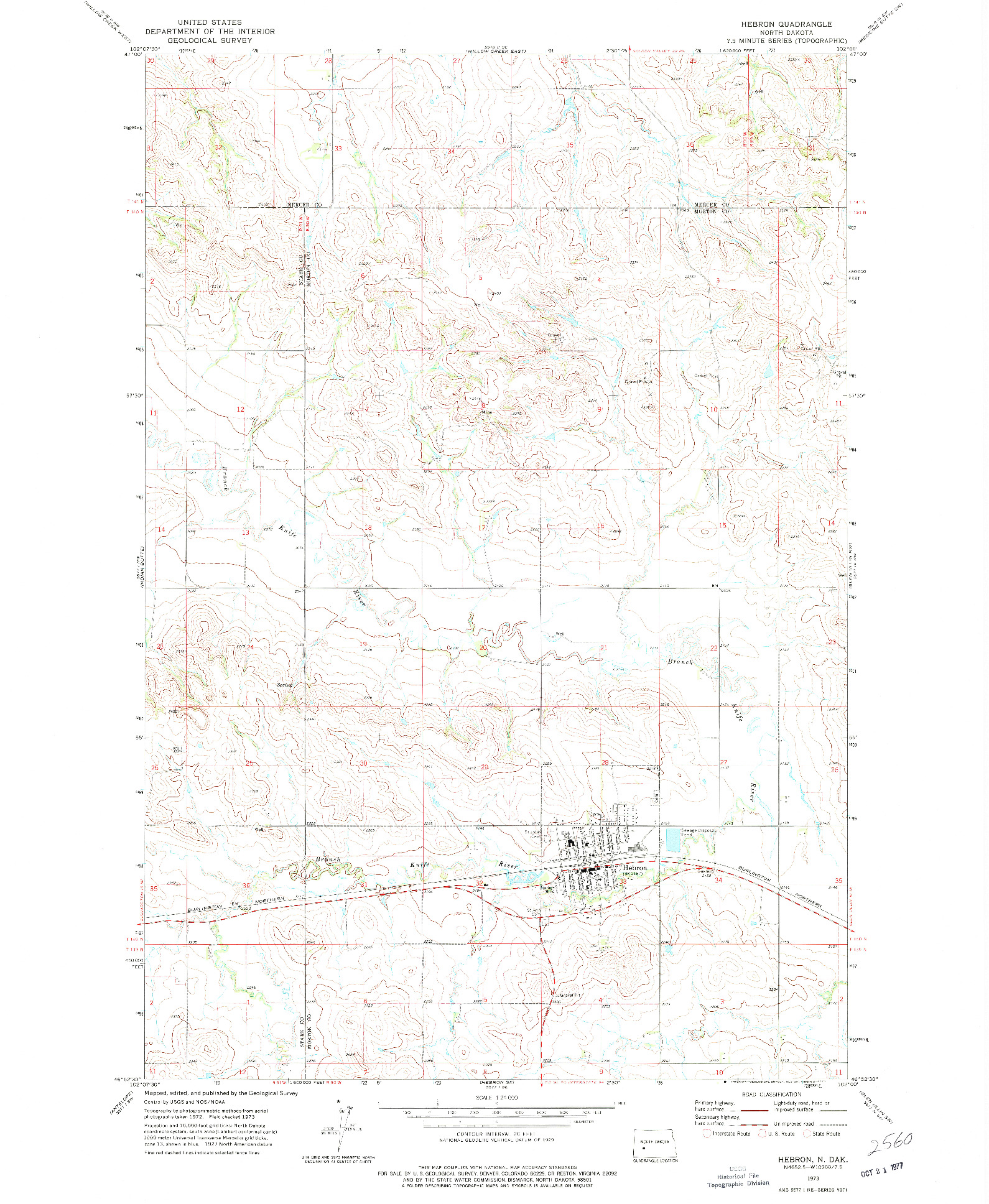 USGS 1:24000-SCALE QUADRANGLE FOR HEBRON, ND 1973