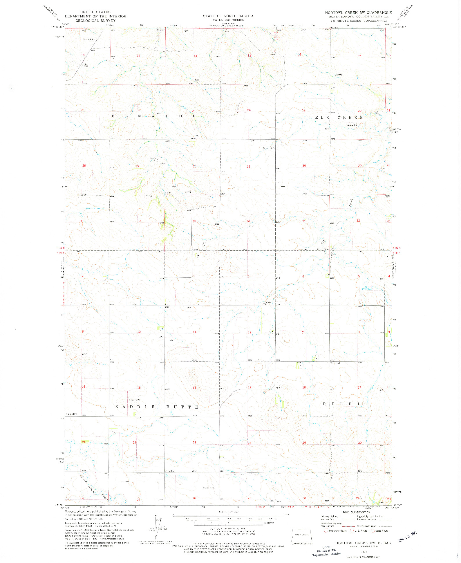 USGS 1:24000-SCALE QUADRANGLE FOR HOOTOWL CREEK SW, ND 1974