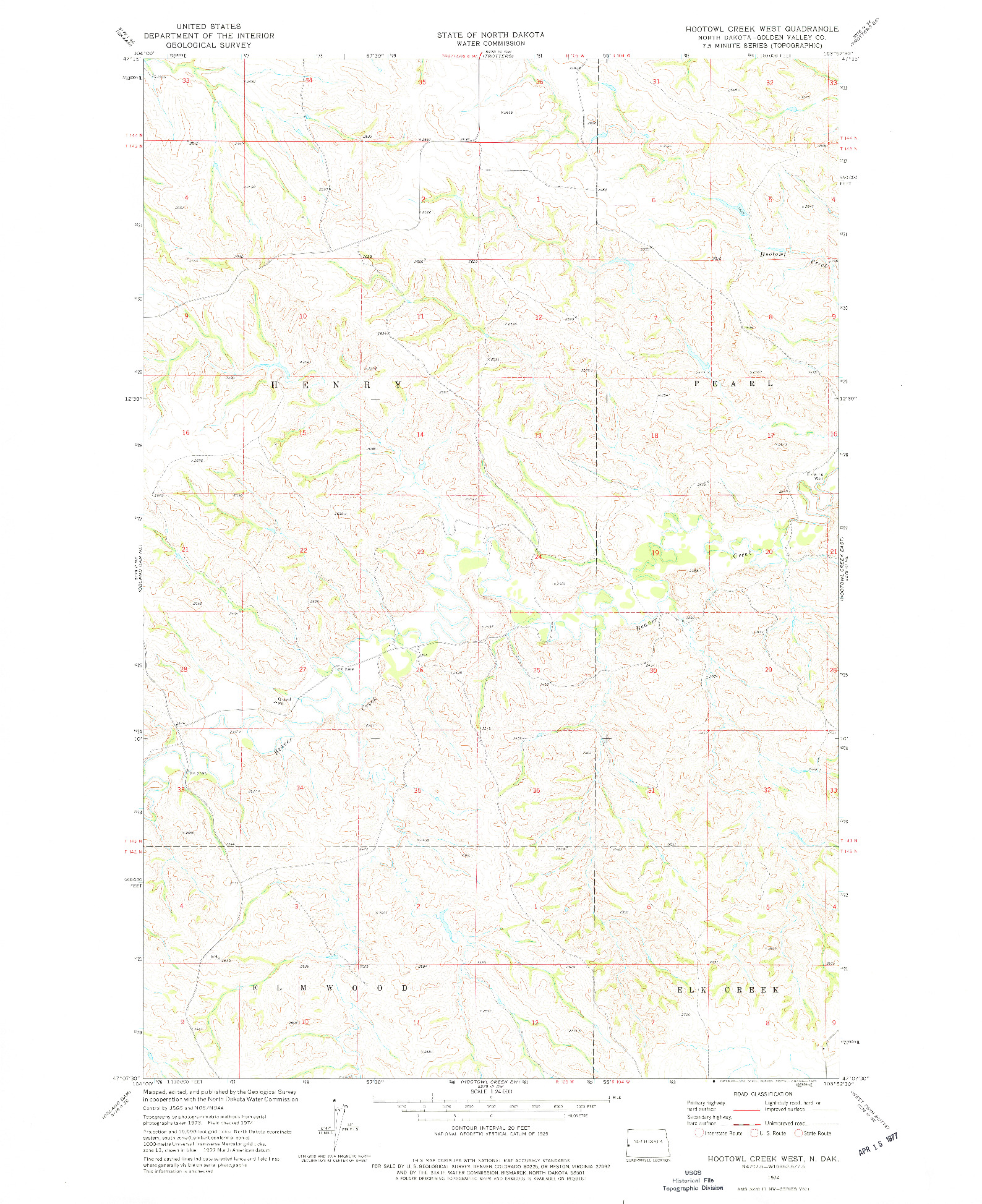 USGS 1:24000-SCALE QUADRANGLE FOR HOOTOWL CREEK WEST, ND 1974