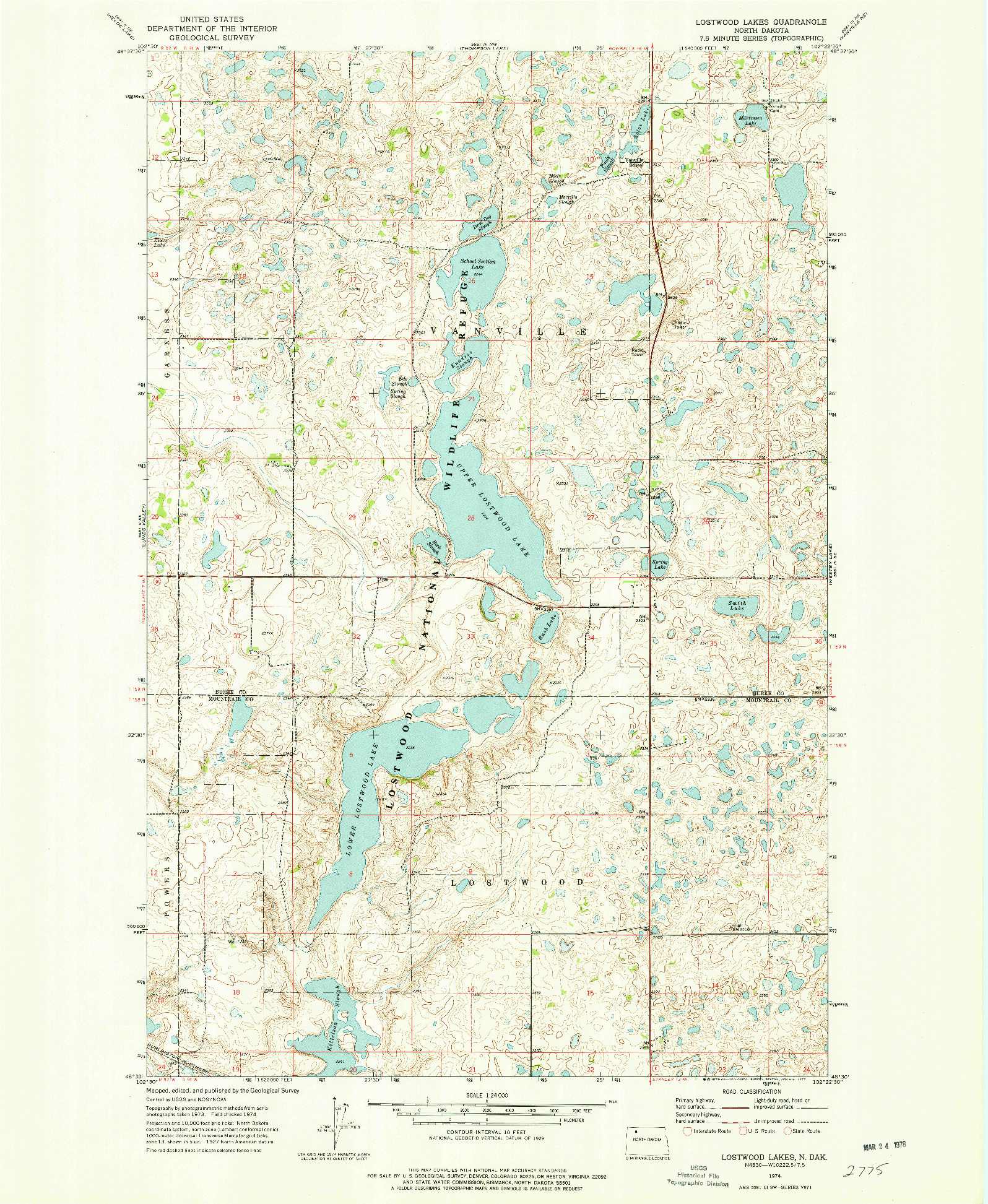 USGS 1:24000-SCALE QUADRANGLE FOR LOSTWOOD LAKES, ND 1974