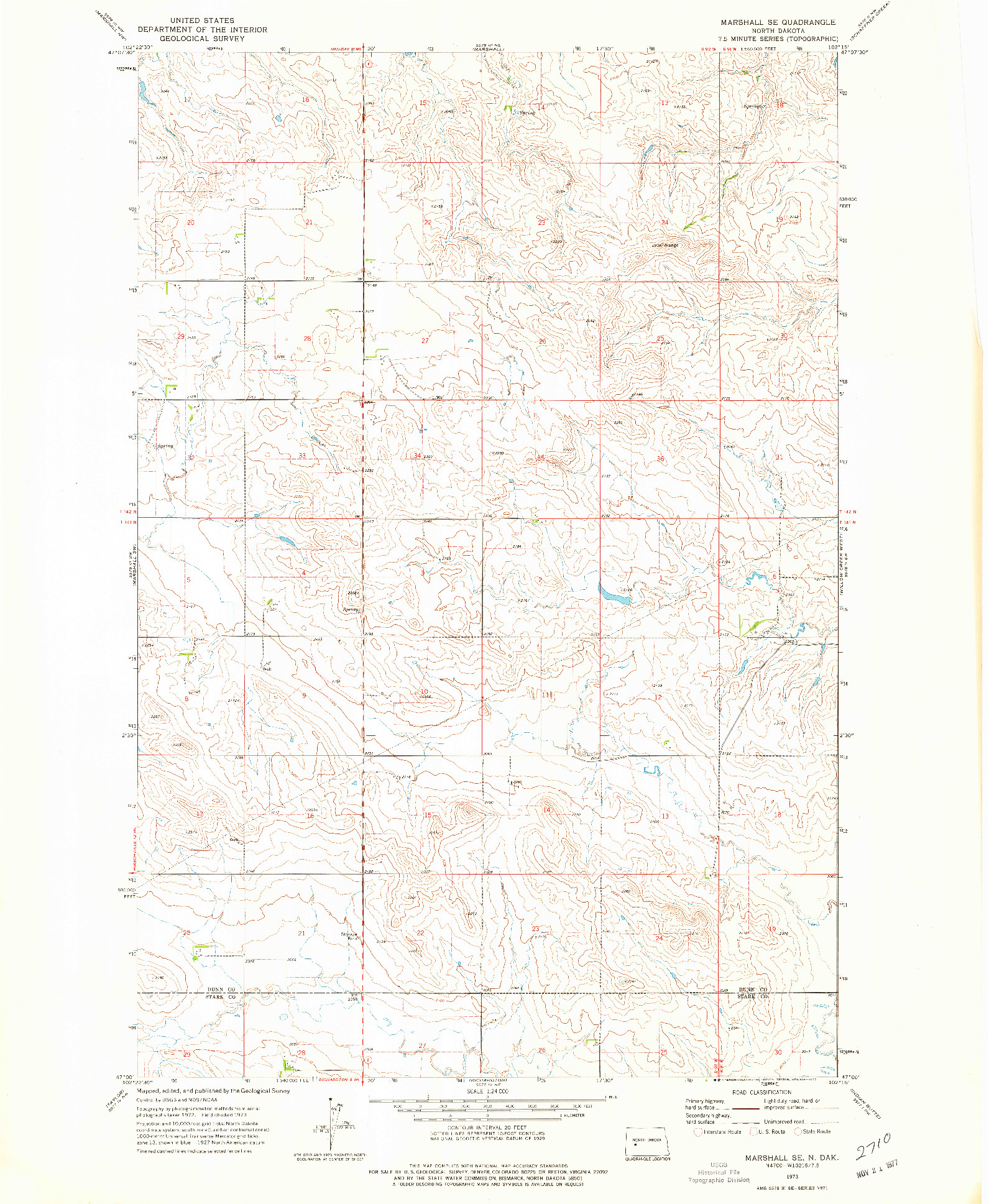 USGS 1:24000-SCALE QUADRANGLE FOR MARSHALL SE, ND 1973