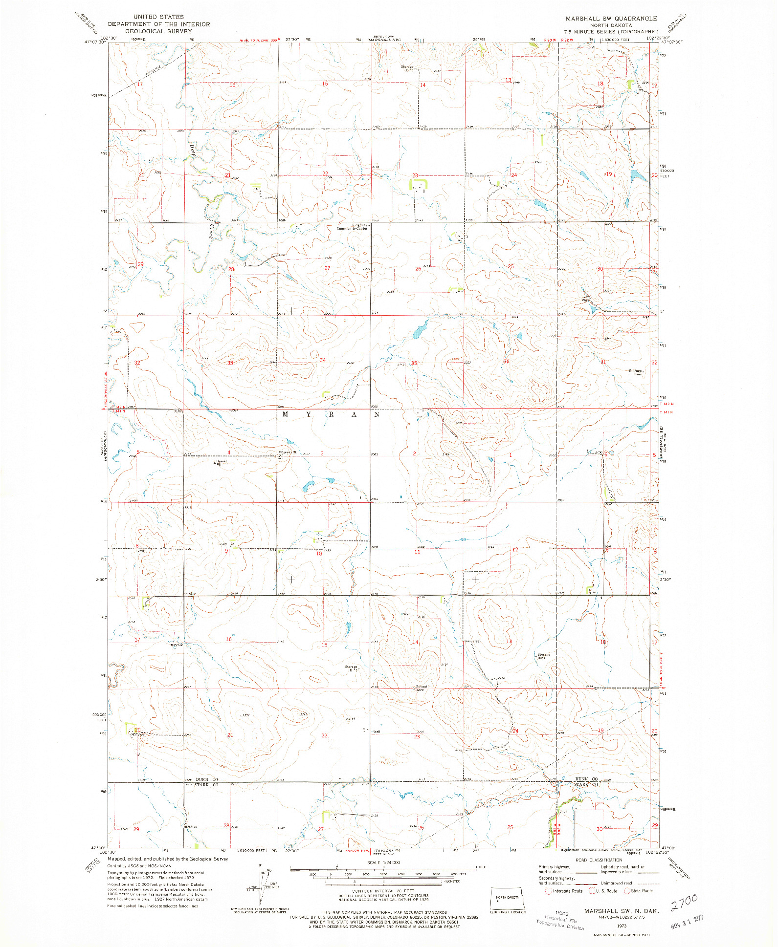 USGS 1:24000-SCALE QUADRANGLE FOR MARSHALL SW, ND 1973