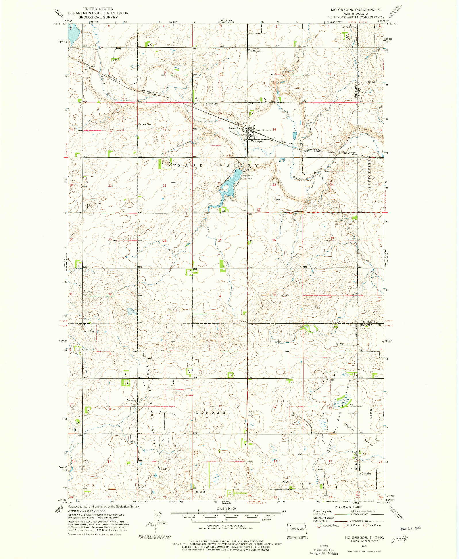 USGS 1:24000-SCALE QUADRANGLE FOR MCGREGOR, ND 1974