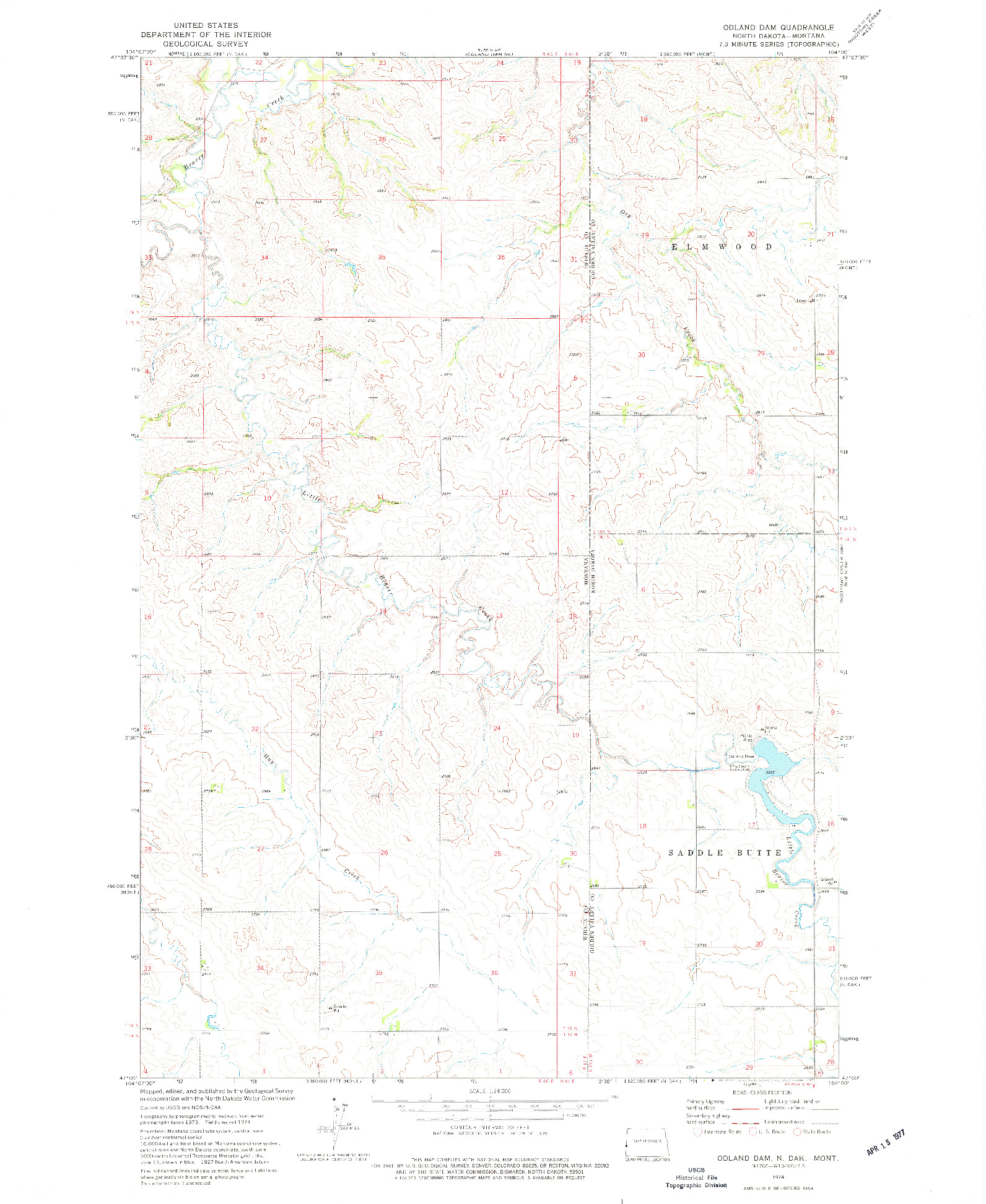 USGS 1:24000-SCALE QUADRANGLE FOR ODLAND DAM, ND 1974