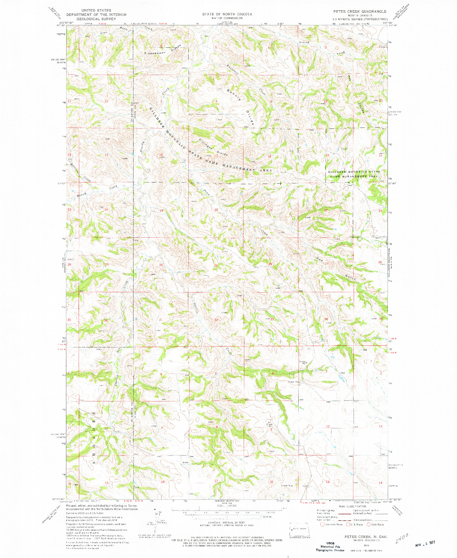 USGS 1:24000-SCALE QUADRANGLE FOR PETES CREEK, ND 1974