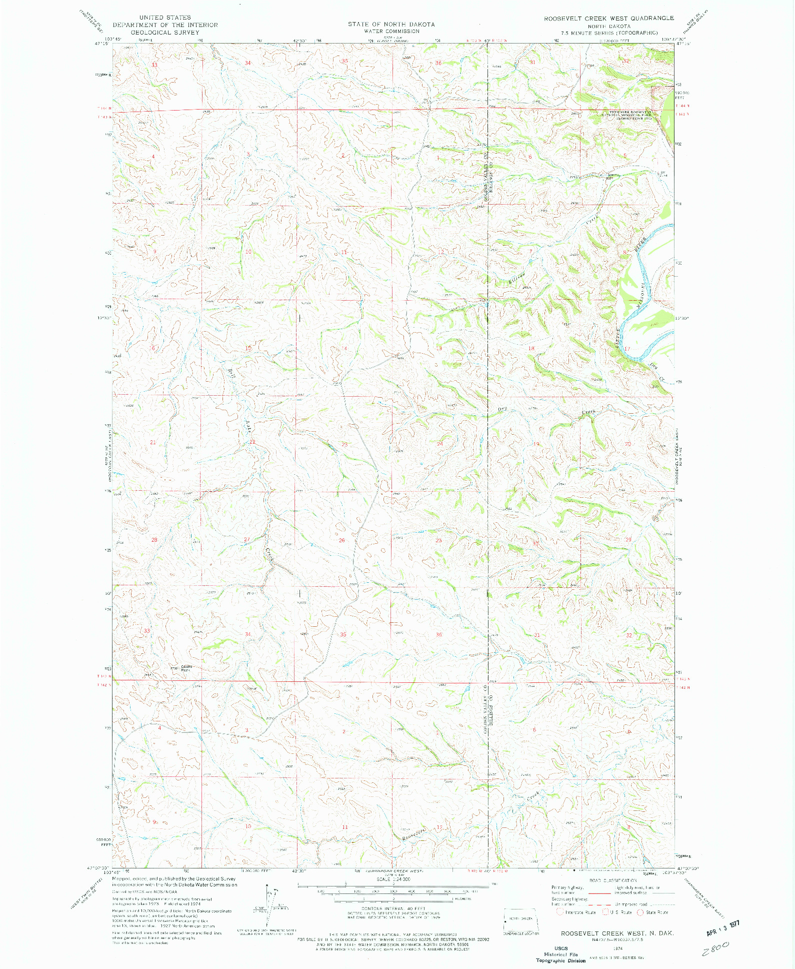 USGS 1:24000-SCALE QUADRANGLE FOR ROOSEVELT CREEK WEST, ND 1974
