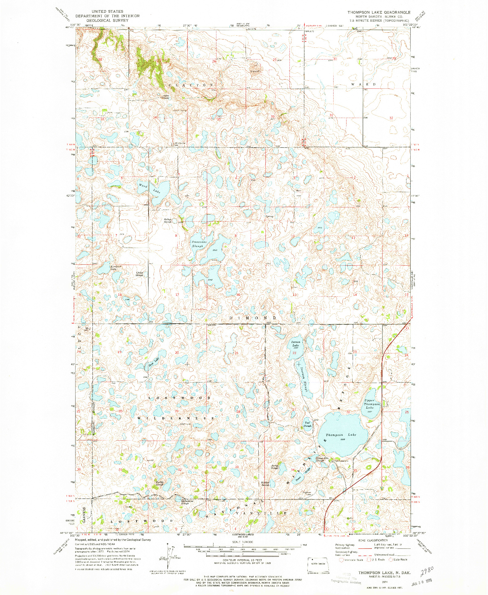 USGS 1:24000-SCALE QUADRANGLE FOR THOMPSON LAKE, ND 1974