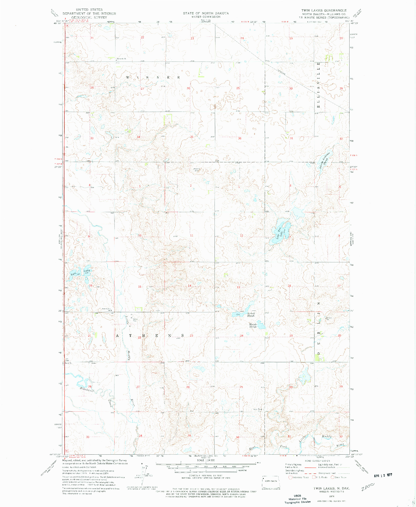 USGS 1:24000-SCALE QUADRANGLE FOR TWIN LAKES, ND 1974