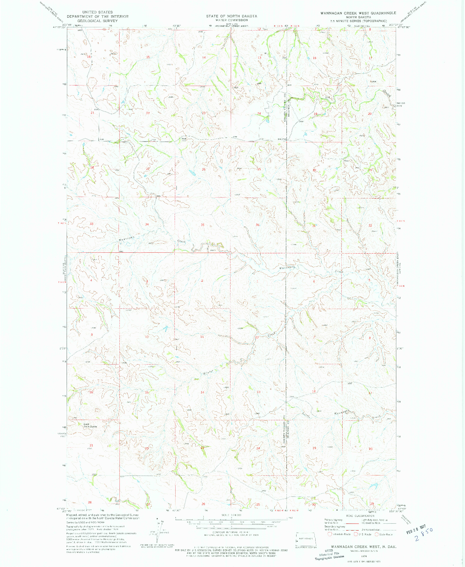 USGS 1:24000-SCALE QUADRANGLE FOR WANNAGAN CREEK WEST, ND 1974