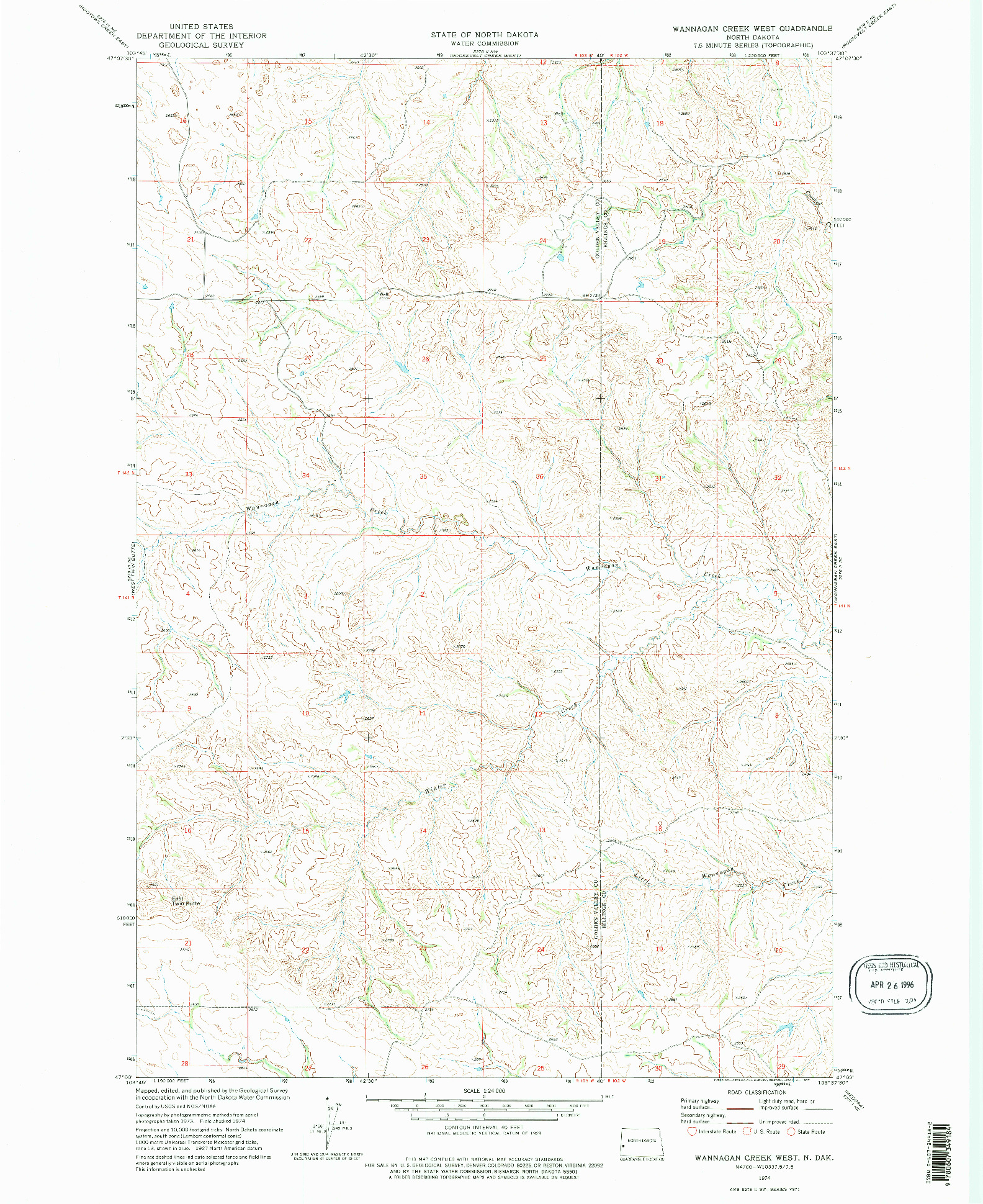 USGS 1:24000-SCALE QUADRANGLE FOR WANNAGAN CREEK WEST, ND 1974