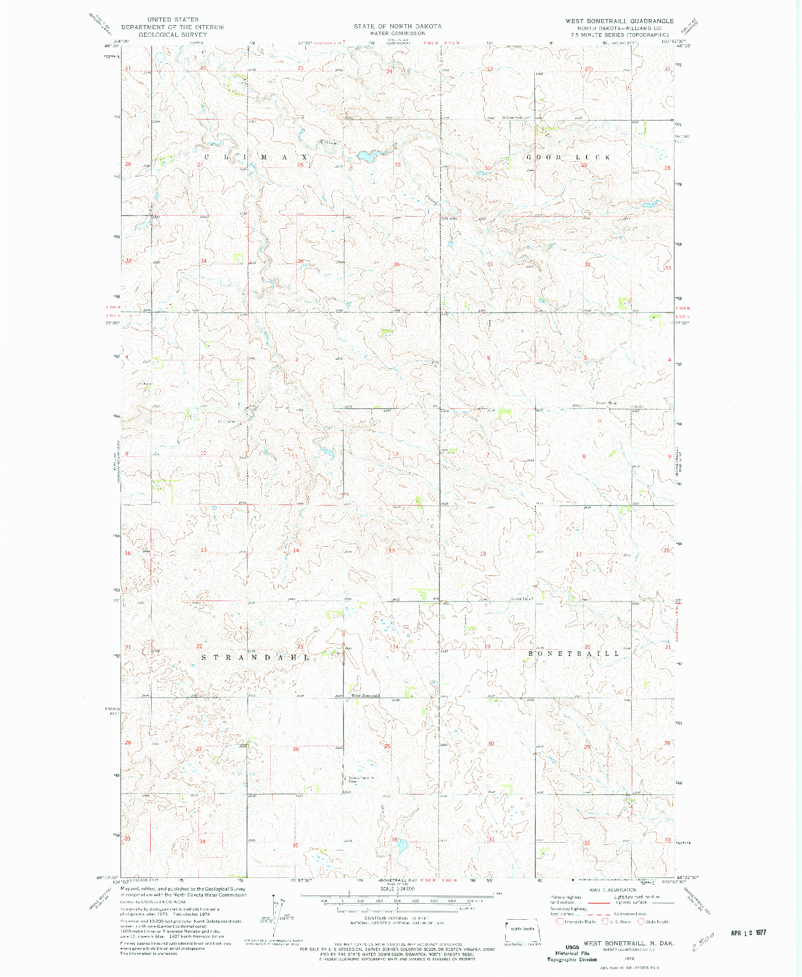 USGS 1:24000-SCALE QUADRANGLE FOR WEST BONETRAILL, ND 1974