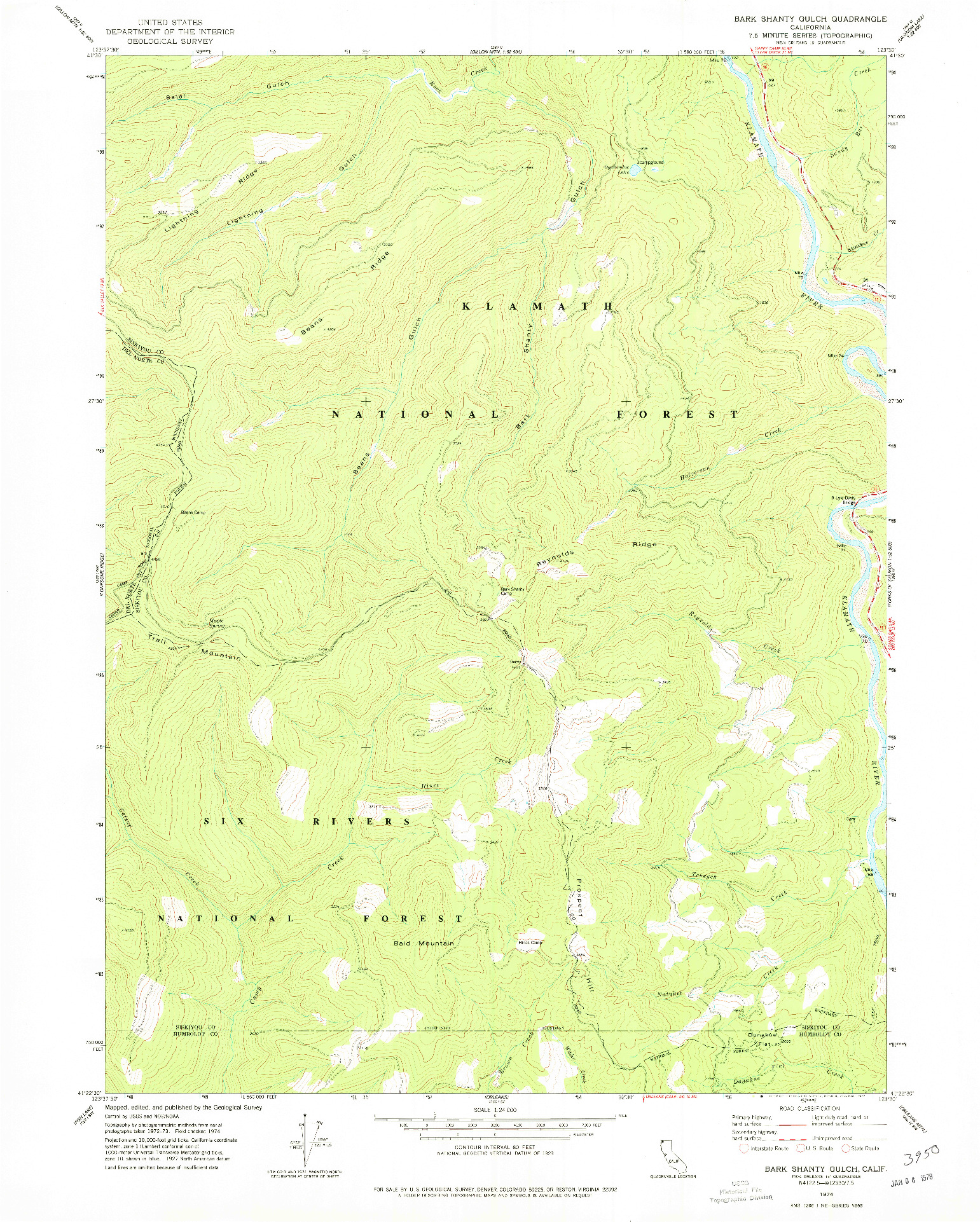 USGS 1:24000-SCALE QUADRANGLE FOR BARK SHANTY GULCH, CA 1974