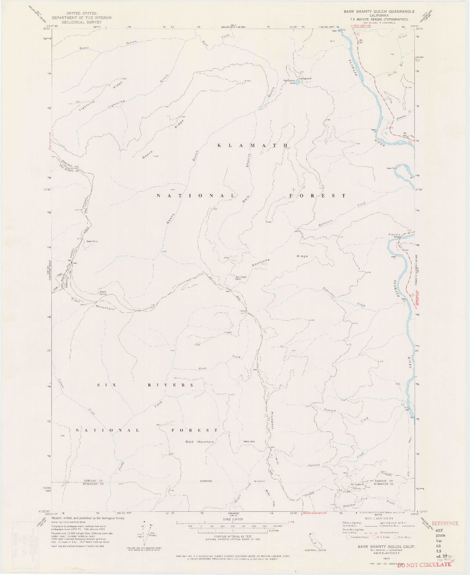 USGS 1:24000-SCALE QUADRANGLE FOR BARK SHANTY GULCH, CA 1974