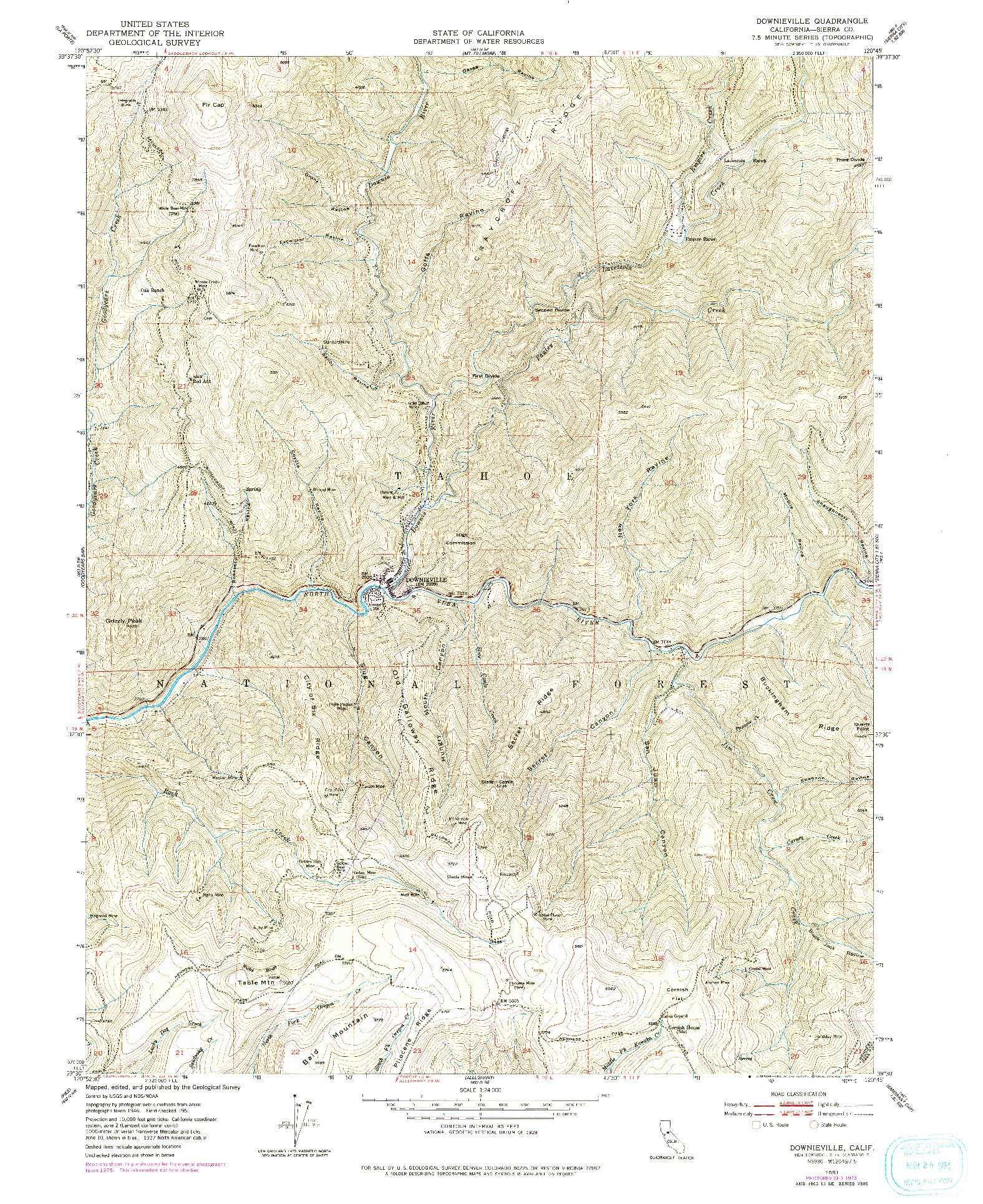 USGS 1:24000-SCALE QUADRANGLE FOR DOWNIEVILLE, CA 1951