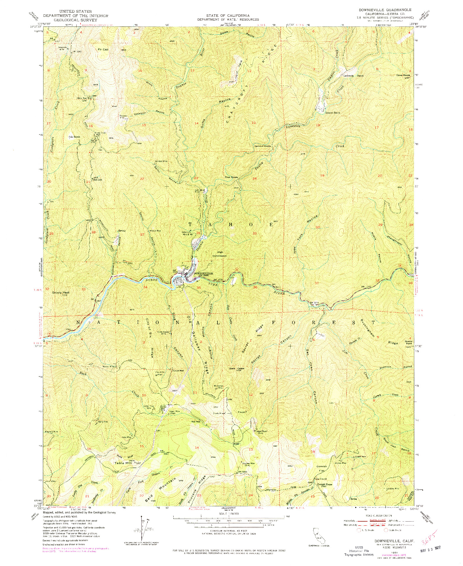 USGS 1:24000-SCALE QUADRANGLE FOR DOWNIEVILLE, CA 1951