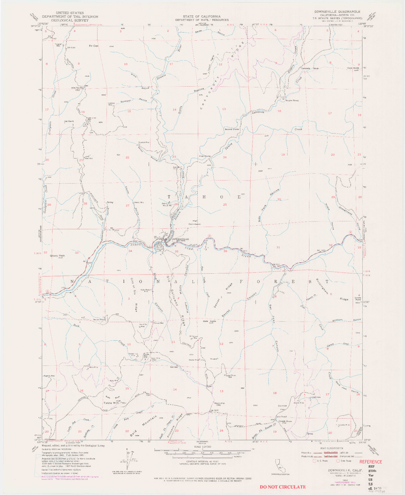 USGS 1:24000-SCALE QUADRANGLE FOR DOWNIEVILLE, CA 1951