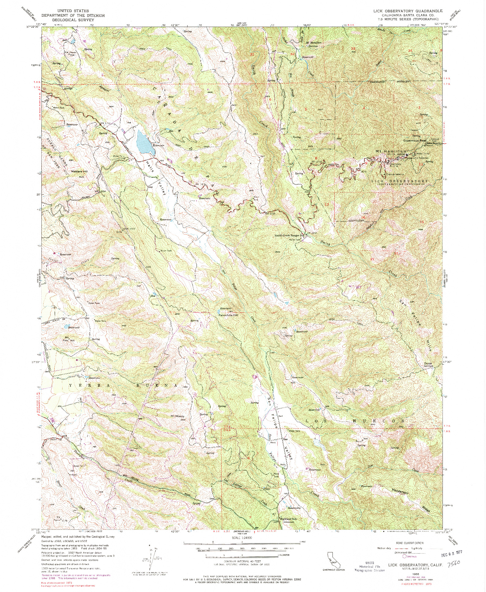 USGS 1:24000-SCALE QUADRANGLE FOR LICK OBSERVATORY, CA 1955