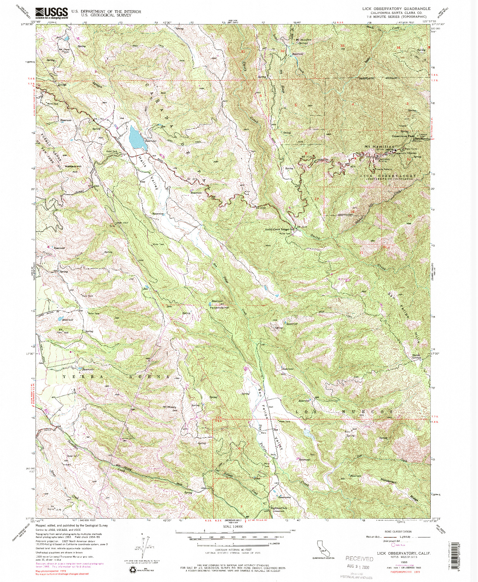 USGS 1:24000-SCALE QUADRANGLE FOR LICK OBSERVATORY, CA 1955