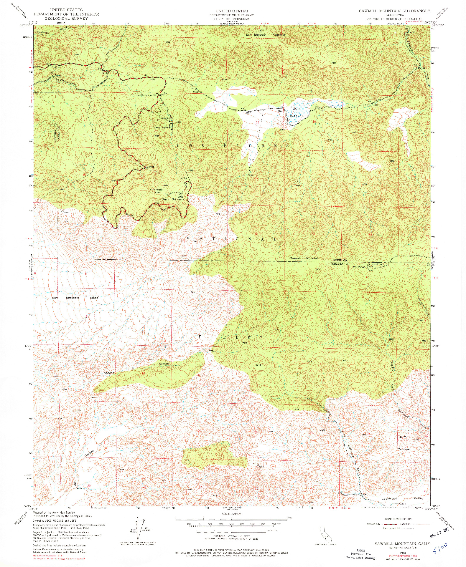 USGS 1:24000-SCALE QUADRANGLE FOR SAWMILL MOUNTAIN, CA 1943