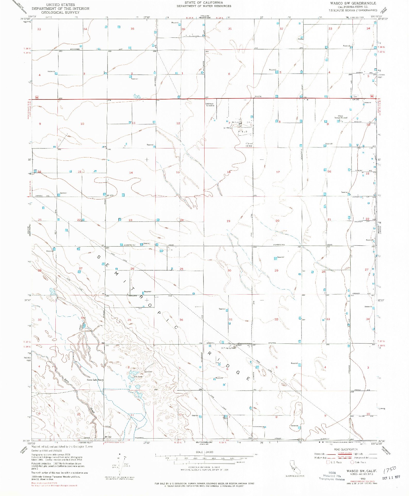 USGS 1:24000-SCALE QUADRANGLE FOR WASCO SW, CA 1953