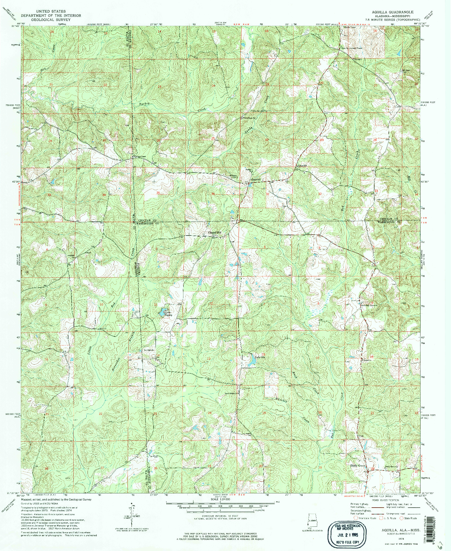 USGS 1:24000-SCALE QUADRANGLE FOR AQUILLA, AL 1974