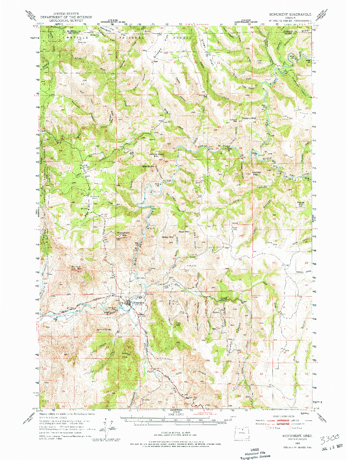 USGS 1:62500-SCALE QUADRANGLE FOR MONUMENT, OR 1951