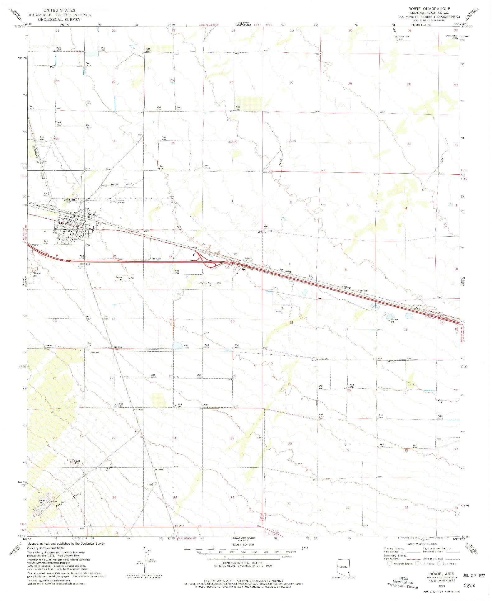 USGS 1:24000-SCALE QUADRANGLE FOR BOWIE, AZ 1974