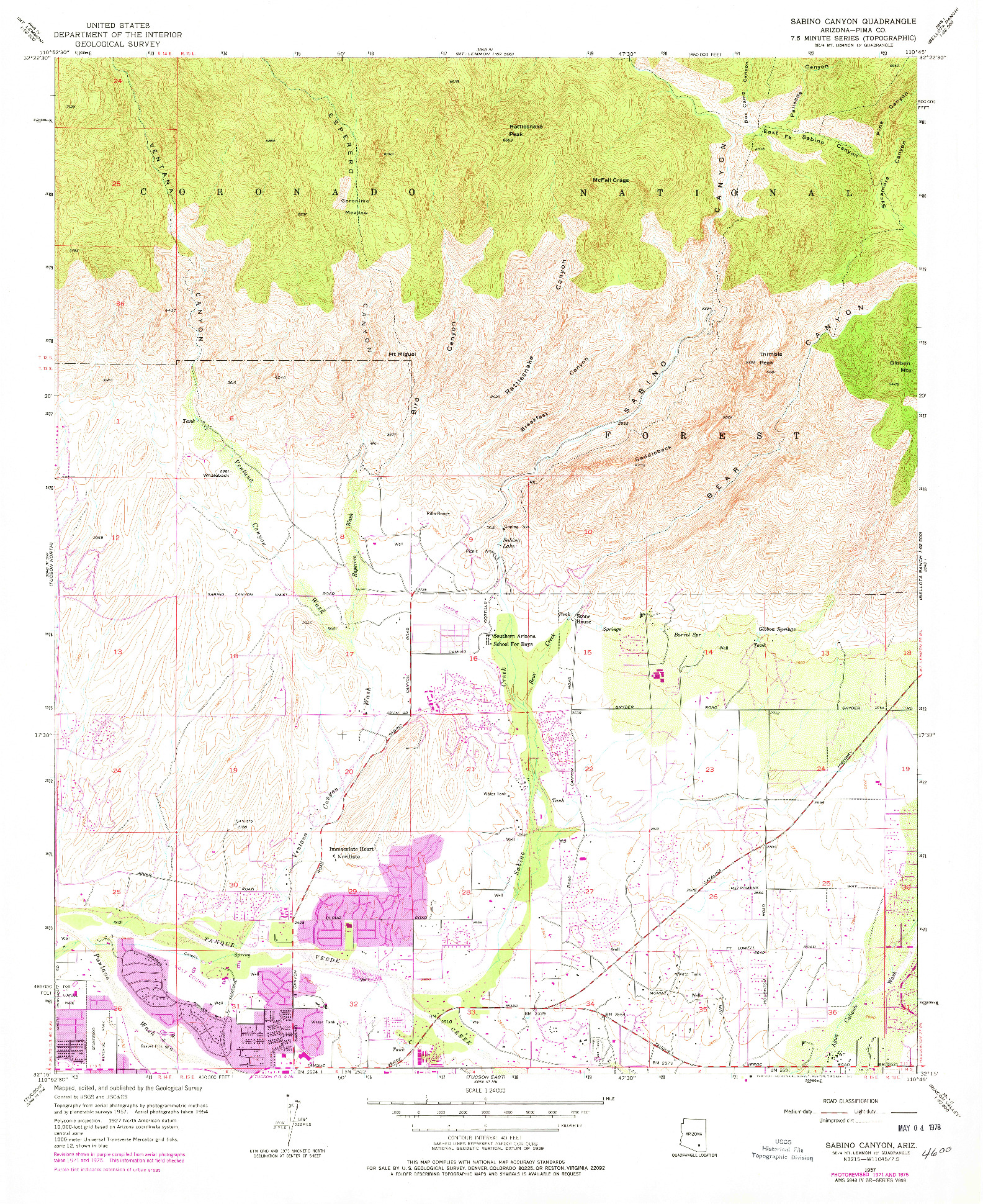 USGS 1:24000-SCALE QUADRANGLE FOR SABINO CANYON, AZ 1957