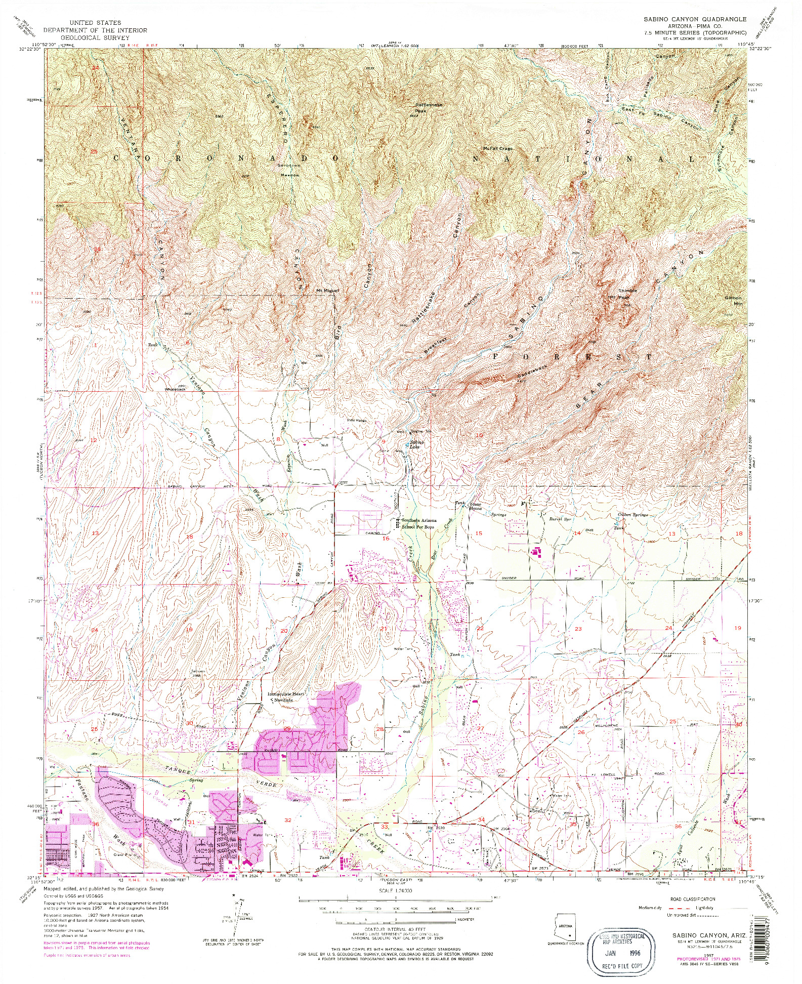 USGS 1:24000-SCALE QUADRANGLE FOR SABINO CANYON, AZ 1957