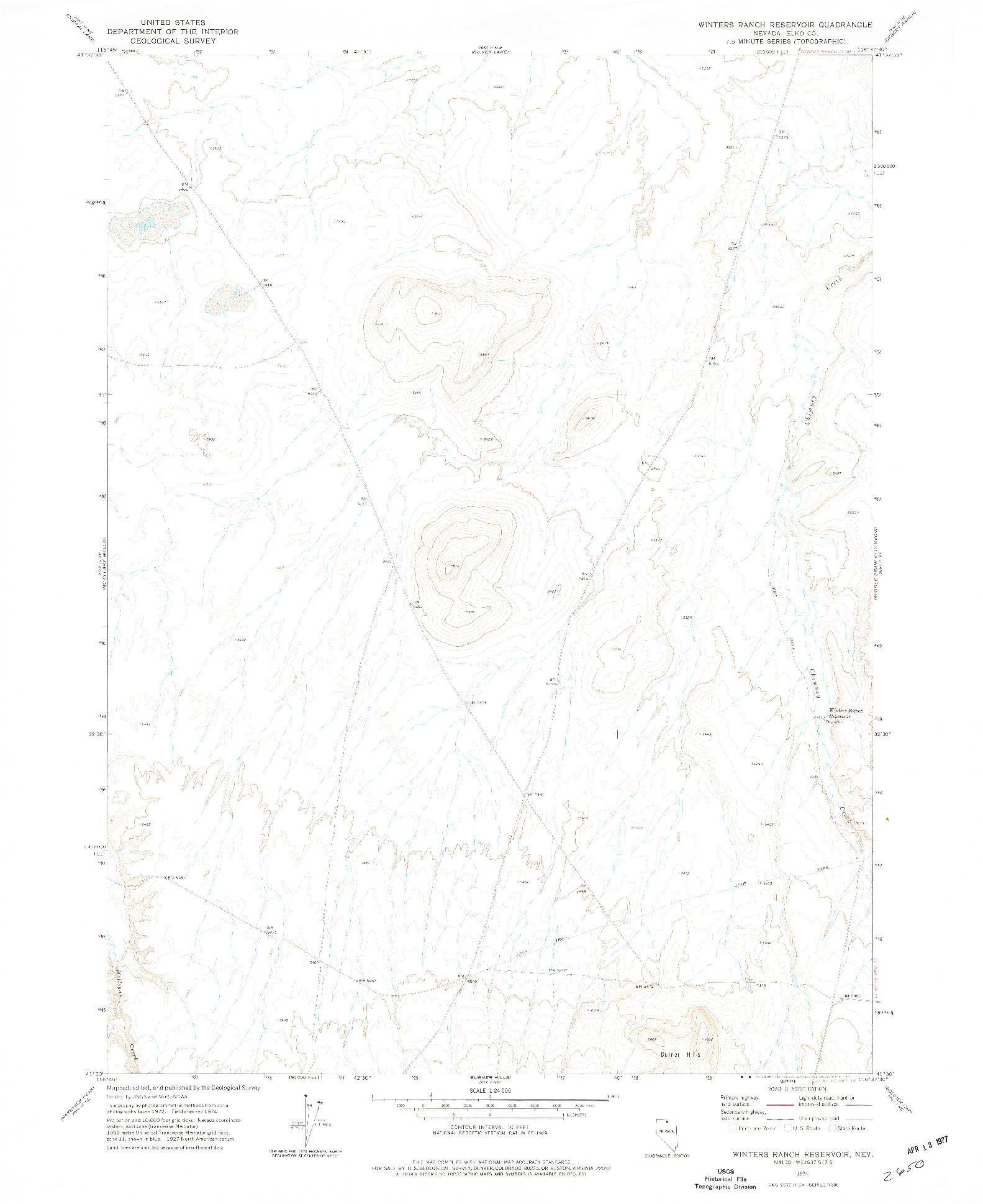 USGS 1:24000-SCALE QUADRANGLE FOR WINTERS RANCH RESERVOIR, NV 1974