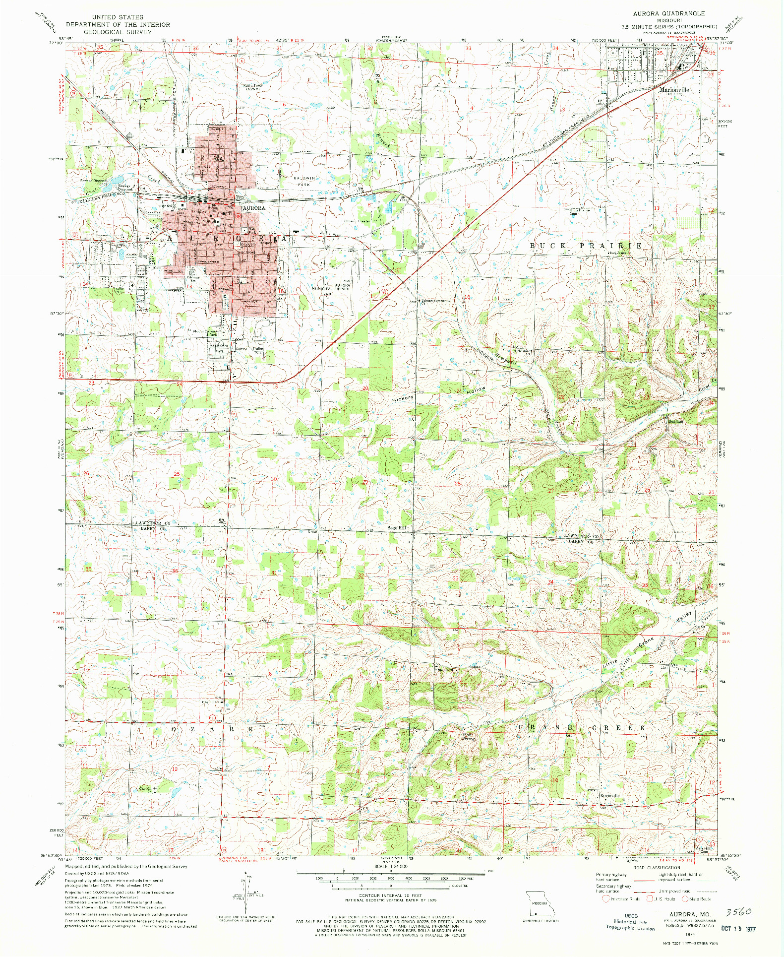 USGS 1:24000-SCALE QUADRANGLE FOR AURORA, MO 1974