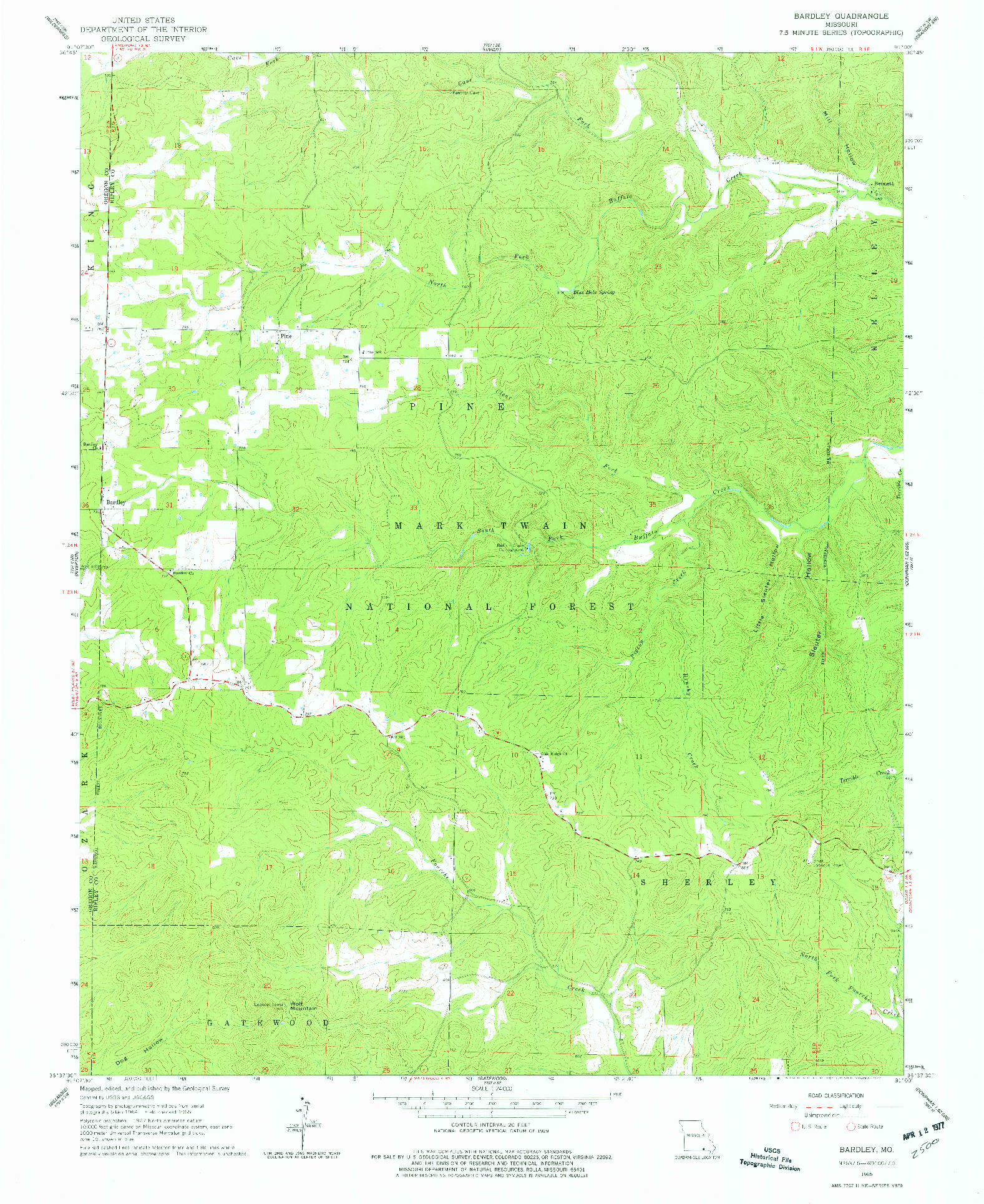 USGS 1:24000-SCALE QUADRANGLE FOR BARDLEY, MO 1965