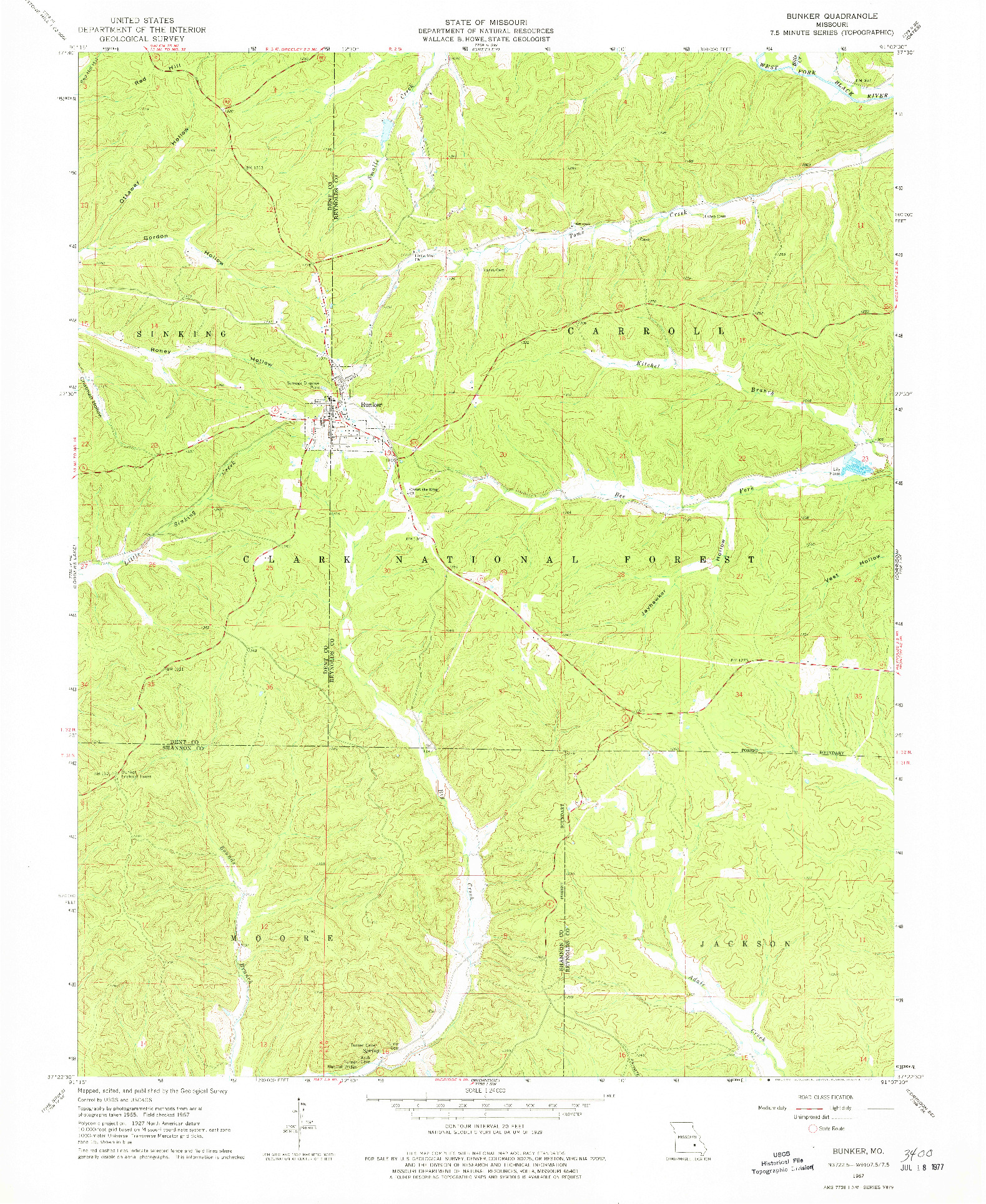 USGS 1:24000-SCALE QUADRANGLE FOR BUNKER, MO 1967