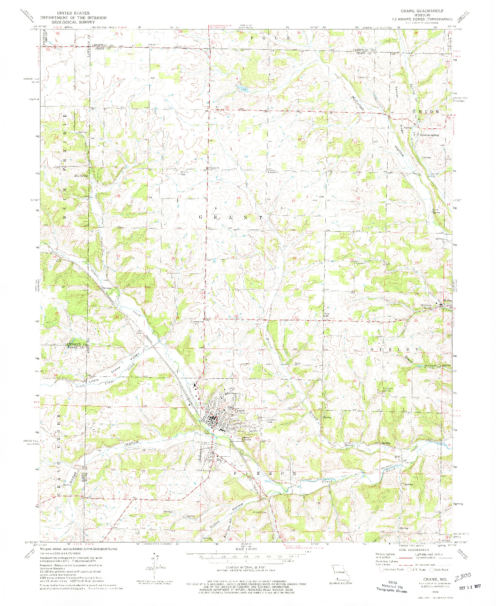 USGS 1:24000-SCALE QUADRANGLE FOR CRANE, MO 1974