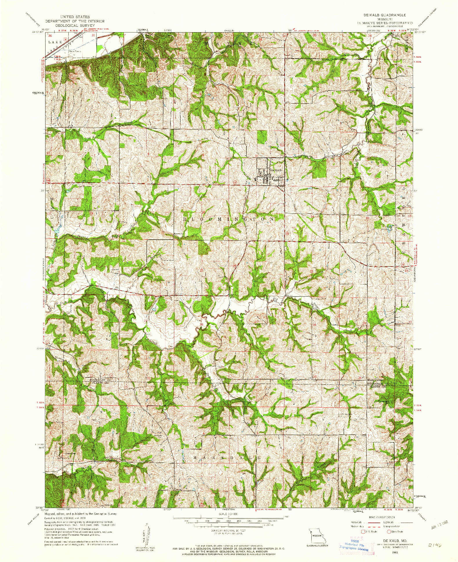 USGS 1:24000-SCALE QUADRANGLE FOR DE KALB, MO 1961